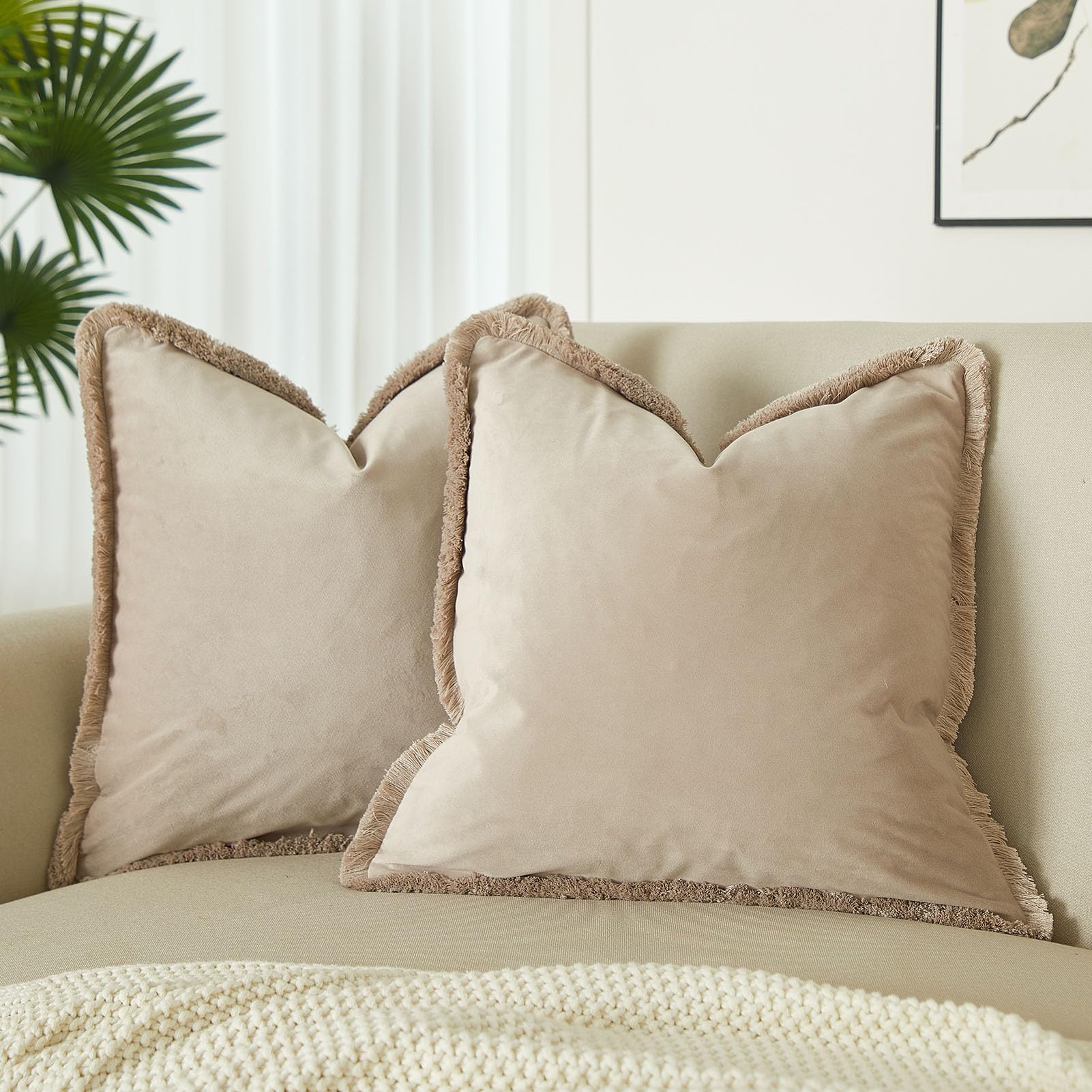 JUSPURBET Champagne Decorative Velvet Fringe Throw Pillow Covers 22x22 Set of 2 Boho Soft Cushion Case for Home Decor Living Room Couch Sofa Bed — image 1