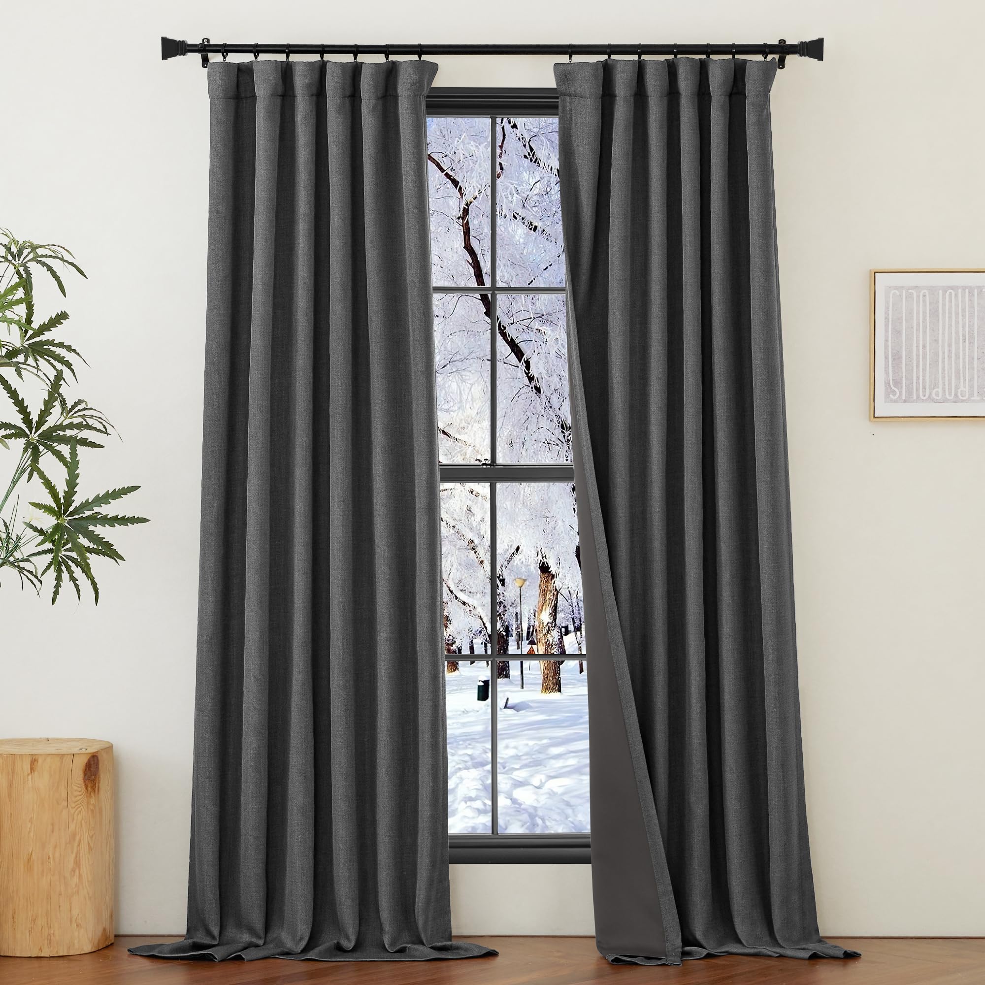NICETOWN Charcoal Gray Linen 100% Curtains for Bedroom, Pinch Pleated Faux Linen Blend Thermal Curtains Noise Canceling Window Treatments Room Darkening for Living Room, W50 x L84, Set of 2