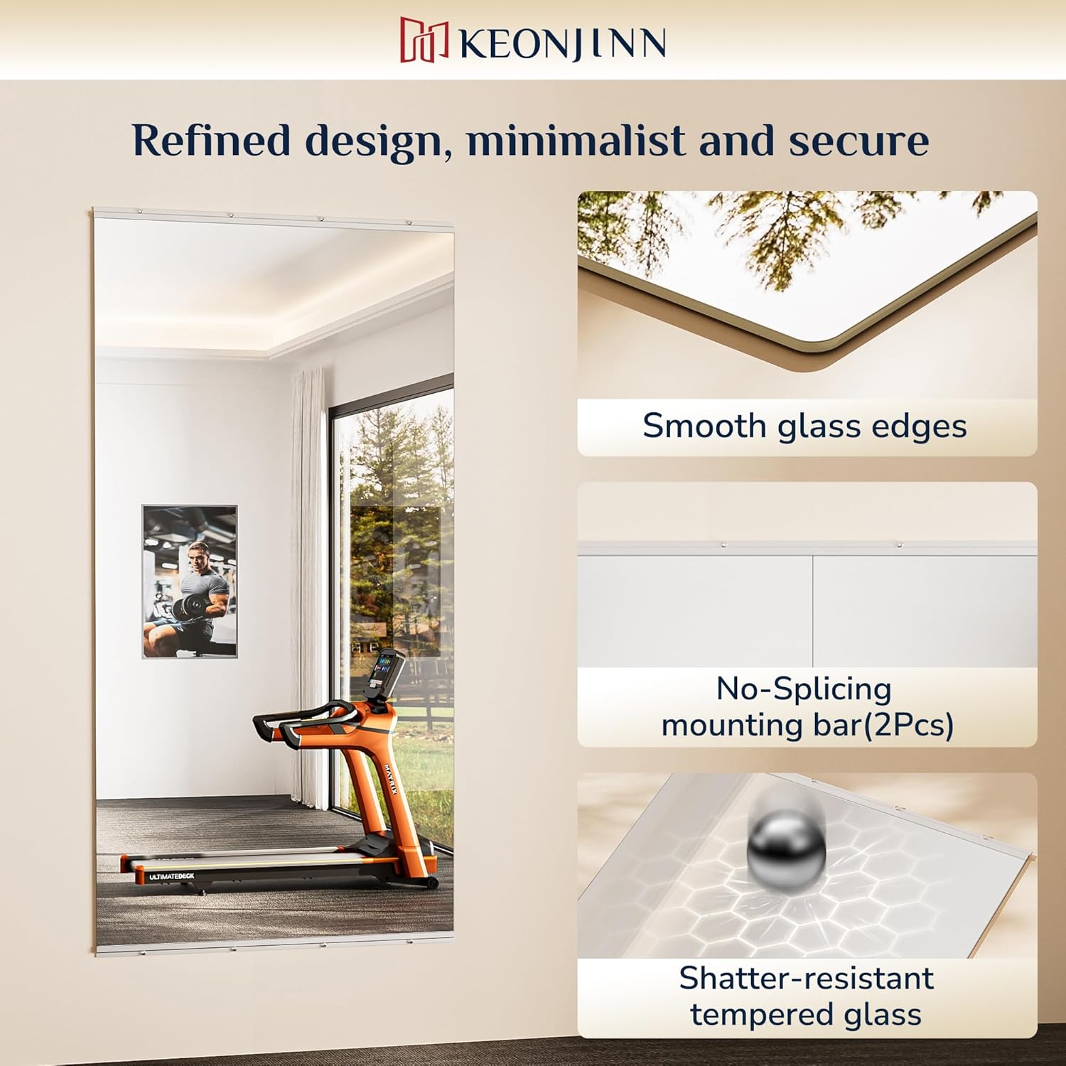 Keonjinn Home Gym Mirror, 48" x 24" - 2PCS Workout Mirrors for Home Gym, Frameless Tempered Glass, Full Body Wall Mirrors for Fitness Exercise, Yoga Room, Dance Studio, Bedroom, Garage