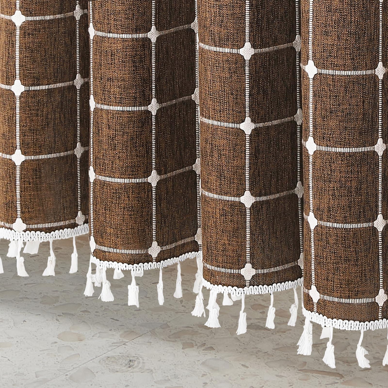 MitoVilla - Tende da doccia in stile bohémien, stile moderno, stile country, in cotone e lino, con nappa, 183 x 183 cm, marrone