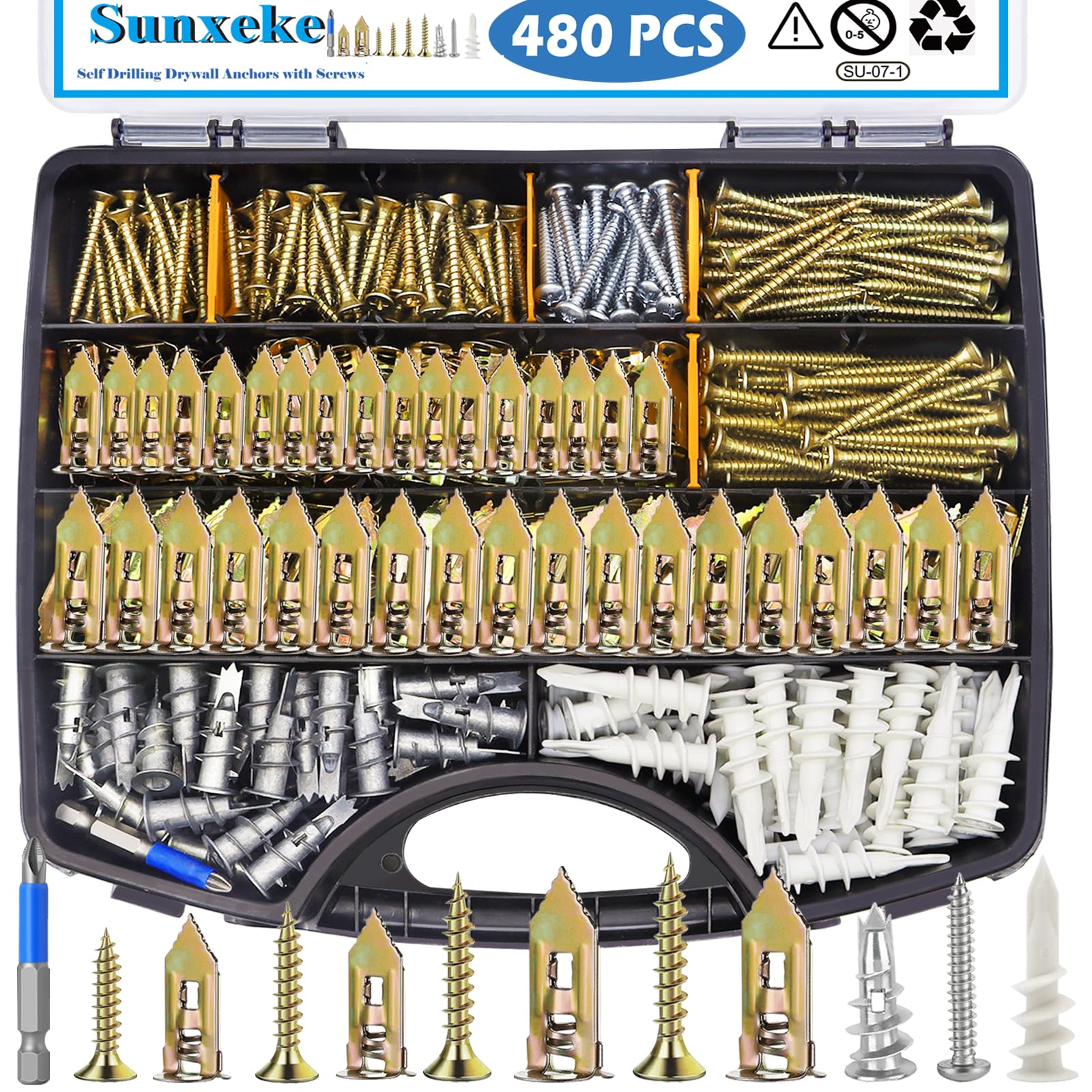 Kit di 480 tasselli autoperforanti per cartongesso con viti, 4 tasselli in cartongesso e 5 viti di dimensioni (aggiornate al 2025), senza bisogno di trapano, acciaio zincato e plastica