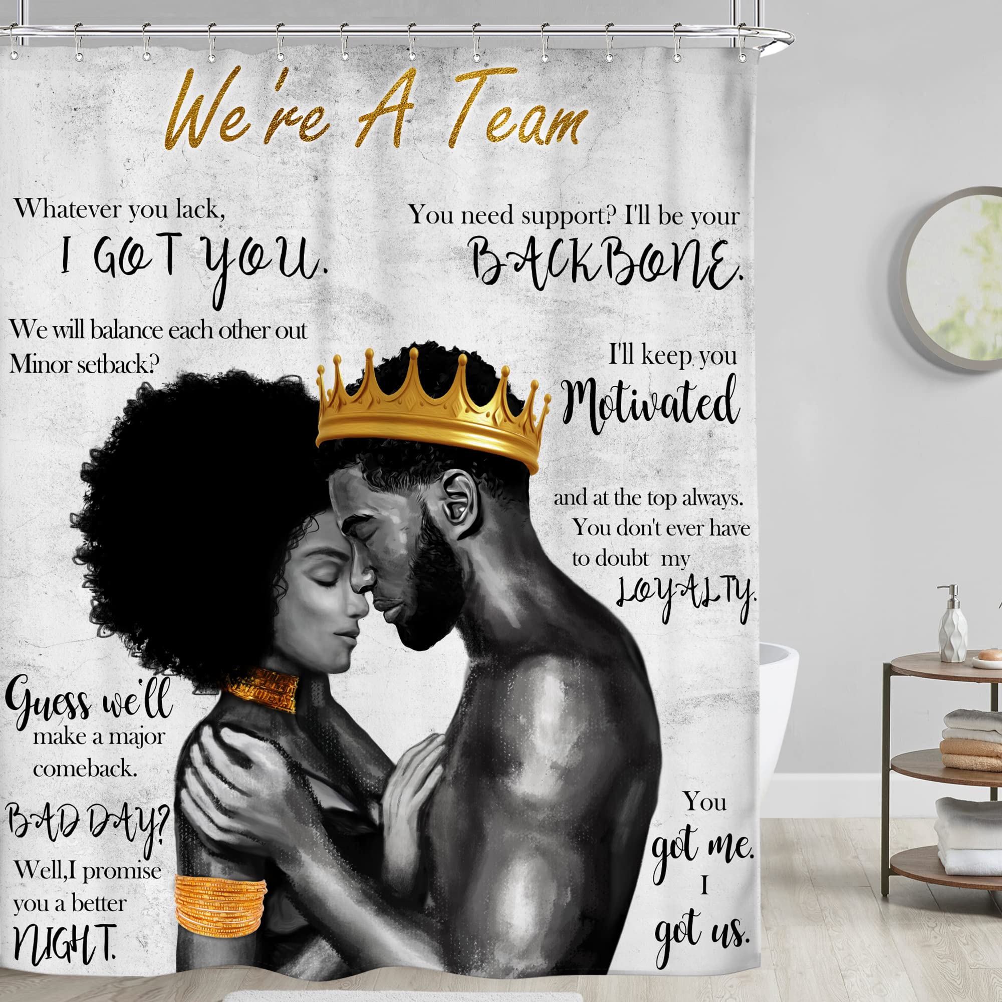 Riyidecor African American Shower Curtain Black King and Queen Afro Romantic Couple Man Woman 60Wx72H Inch Vintage Positive Inspirational Quote Fabric Decor Bathroom Polyester Waterproof Hooks - Image 2