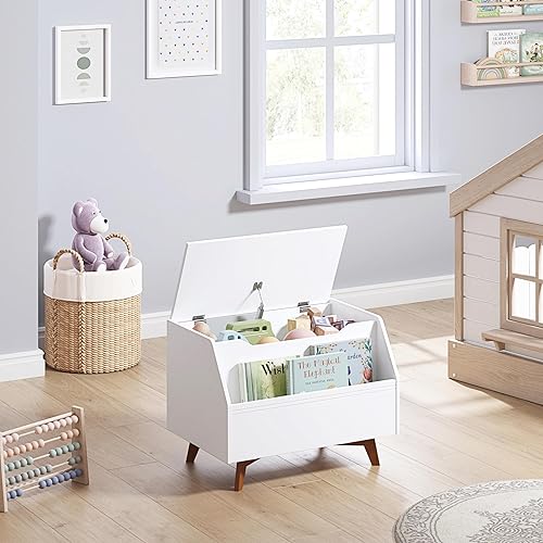 Vista 6 de UTEX Caja de juguetes para niños, baúl de juguetes de madera, banco organizador de almacenamiento para niños con área de almacenamiento frontal