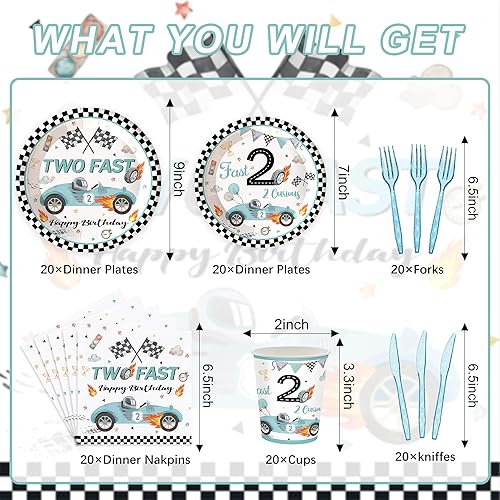 Vista 2 de 120 piezas de suministros de fiesta de cumpleaños rápidos para niños, 2º cumpleaños para niños, dos fiestas rápidas, dos coches de carreras
