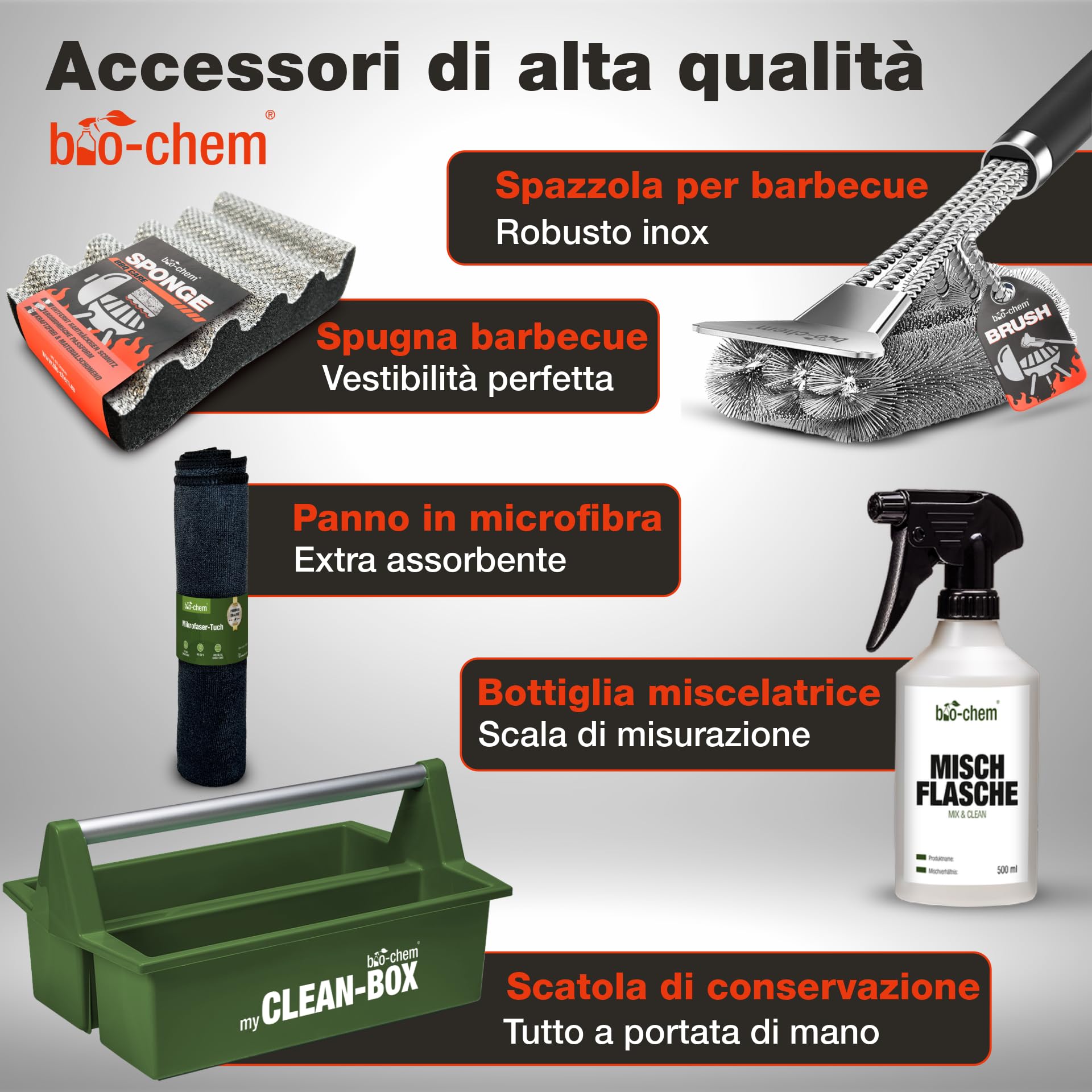 Bio-Chem - Set Pulizia per barbecue 9pz - Decapante resina 0,5L - Detergente per superfici bbq 750ml - Spray inox 750ml - Spray di olio 200ml - Kit completo con accessori griglie brillanti e protette