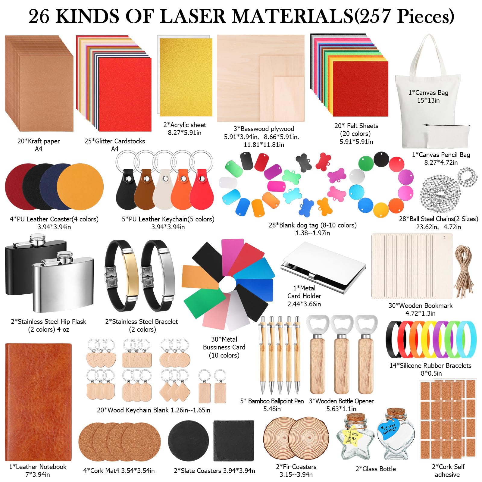 Dunzoom Kit de material láser de 257 piezas de materiales de grabado láser, incluyendo acrílico, metal, madera, tela, piel sintética, vidrio, roca, materiales de goma para grabadores láser y
