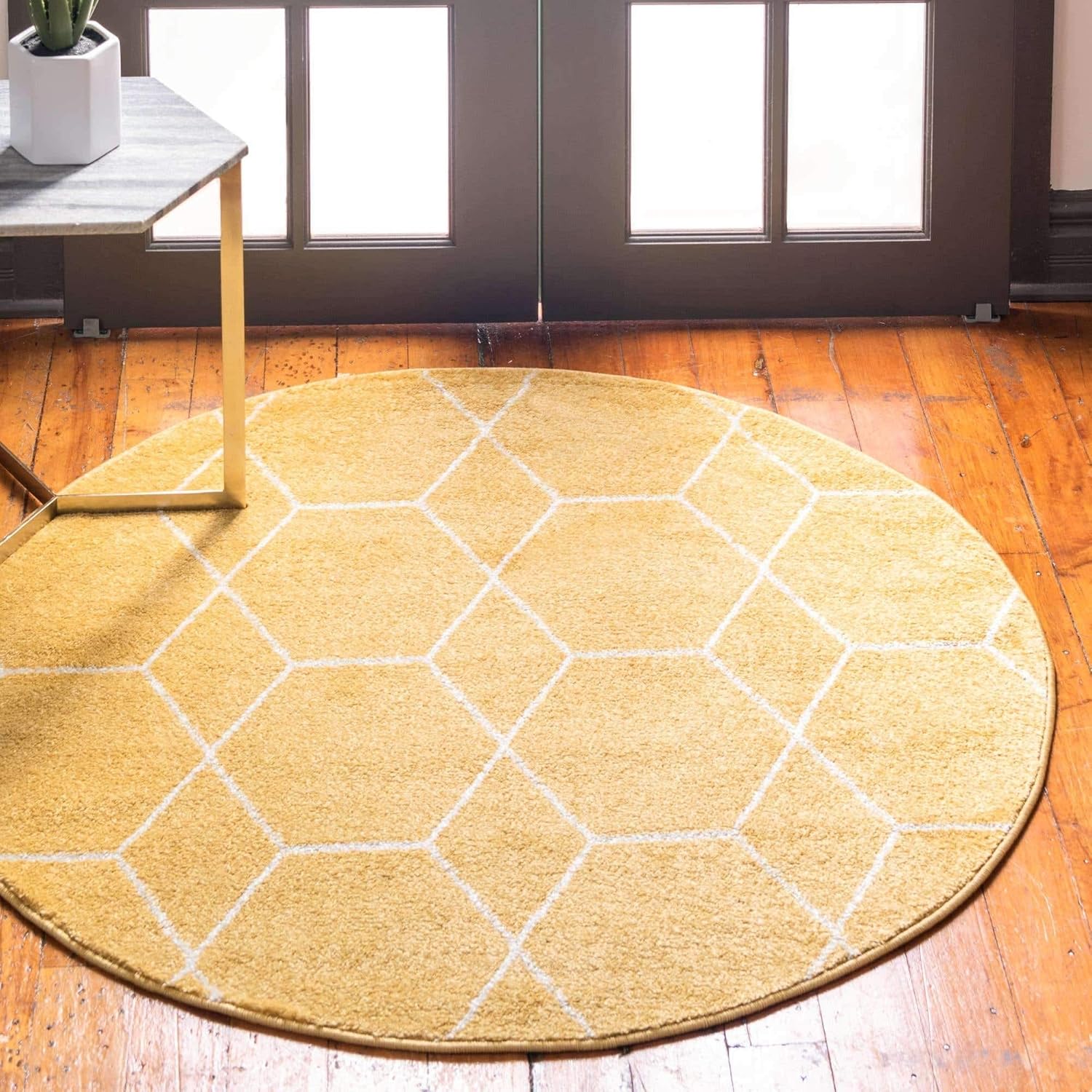 Unique Loom Trellis Frieze Collection Area Rug Geometric (7' Round, Yellow/ Ivory