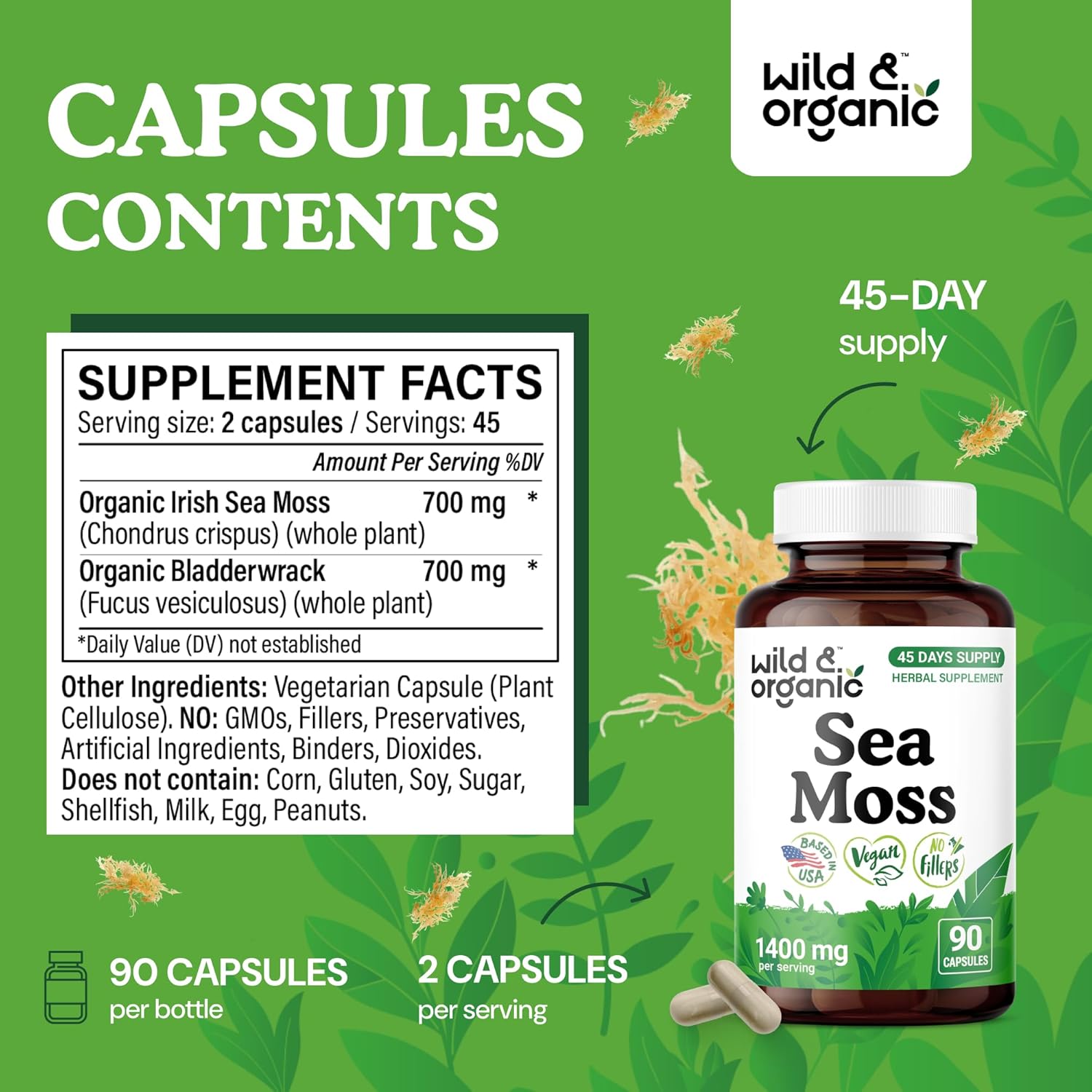 Wild & Organic Sea Moss Capsules - Overall Support - Irish Sea Moss Complex with Bladderwrack Powder Supplement - Chondrus Crispus - Vegan, No Fillers, Non-GMO - 90 Count - Image 3