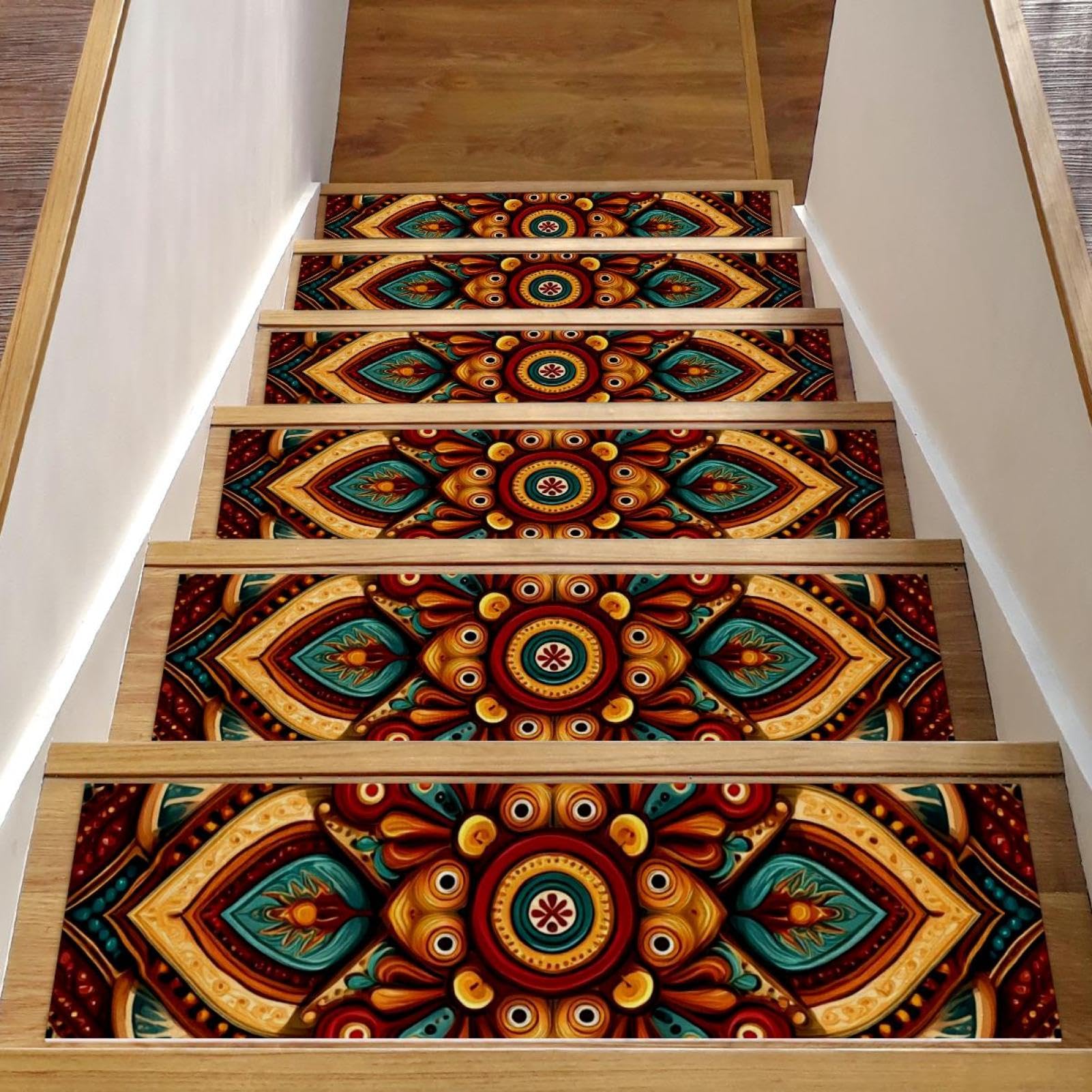 Tapis d'escalier antidérapants lot de 15 marches bois motif ethnique 20x76 cm