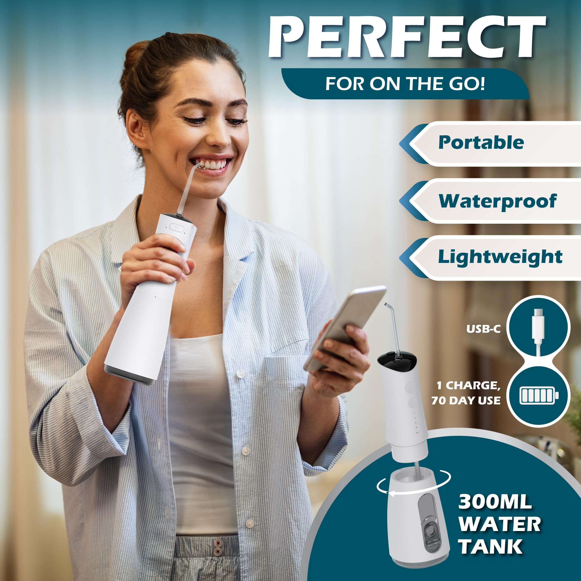 Watchful Hilo dental inalámbrico, 4 modos, IPX7 impermeable, recargable con batería de 30 días