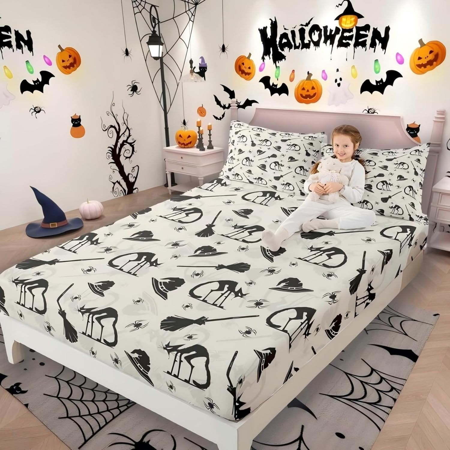Black Cat Fitted Sheet Witch Hat Bed Sheets Gothic Spider Bedding Set - Full Size, Besom Halloween Home Decor