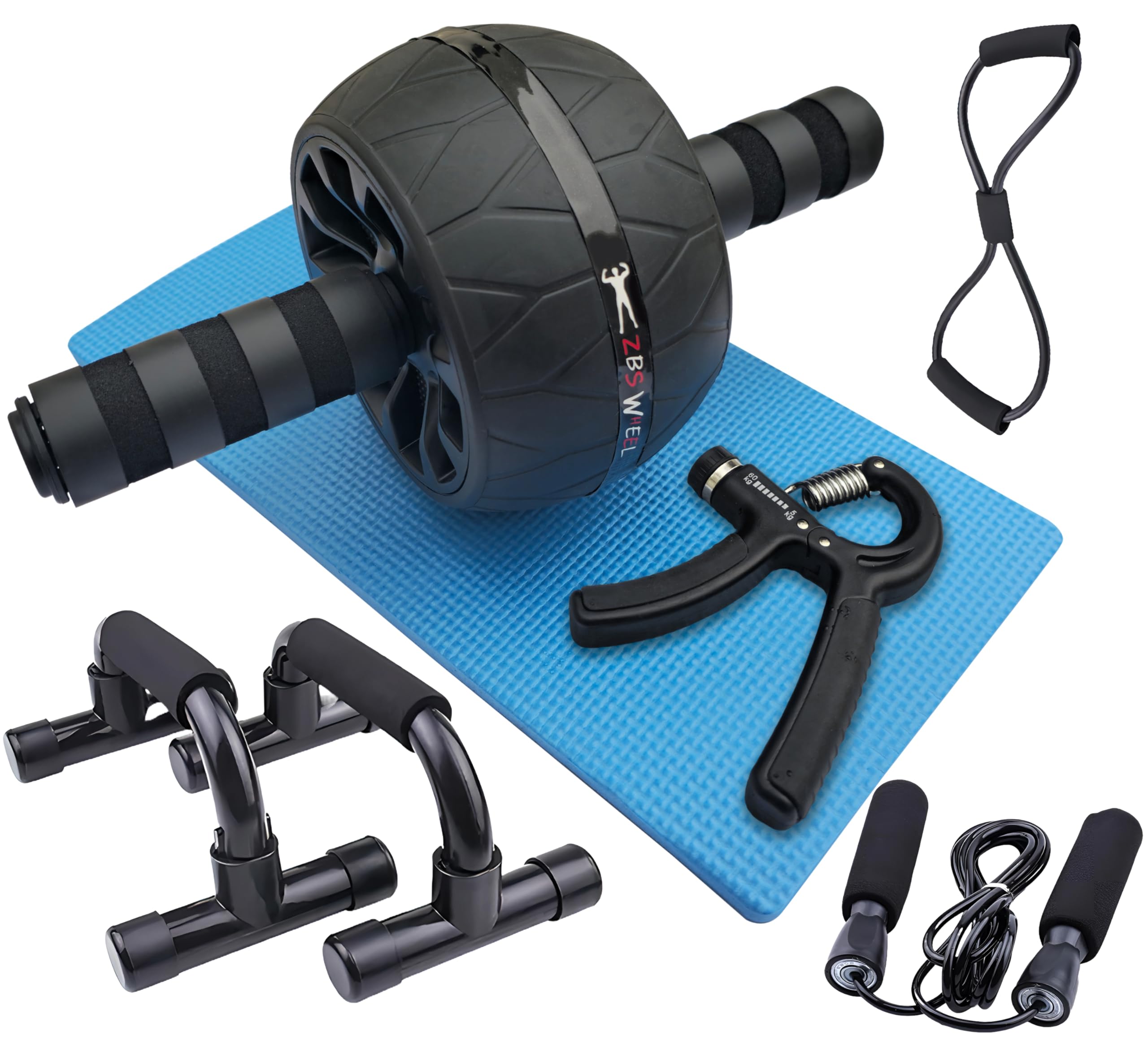 HYFY Ab Roller Wheel Set 6-in-1 with Exercise Roller Wheel Hand Grip Trainer Knee Pad Push-up Bar Stretch Band Jump Rope Home Exercise Core Strength Fitness Equipment Full Body Workout