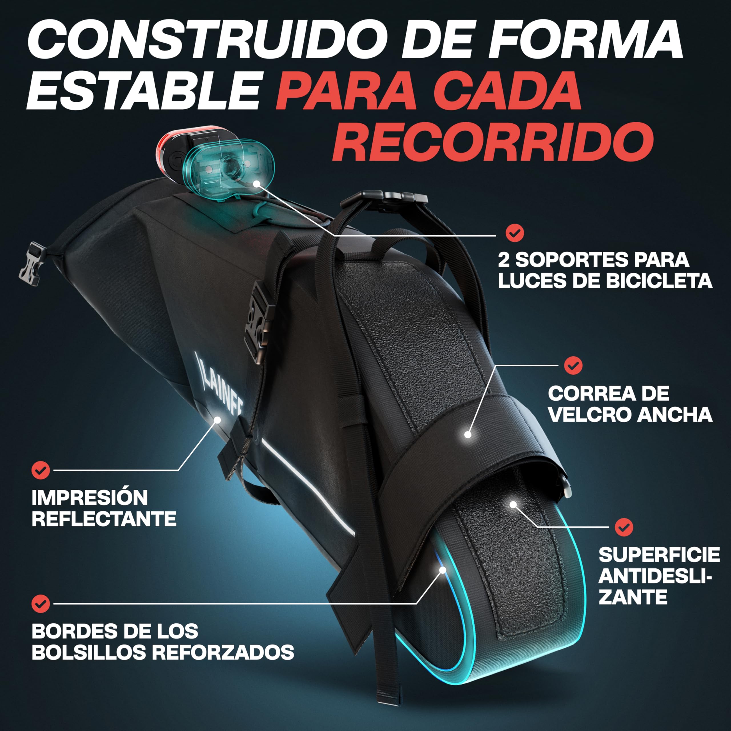 LAINFELD Alforjas para sillín de bicicleta [10 litros] | 100% impermeable | estampado reflectante - Bikepacking E-Bike MTB Gravel Bike Road Bike Alforjas