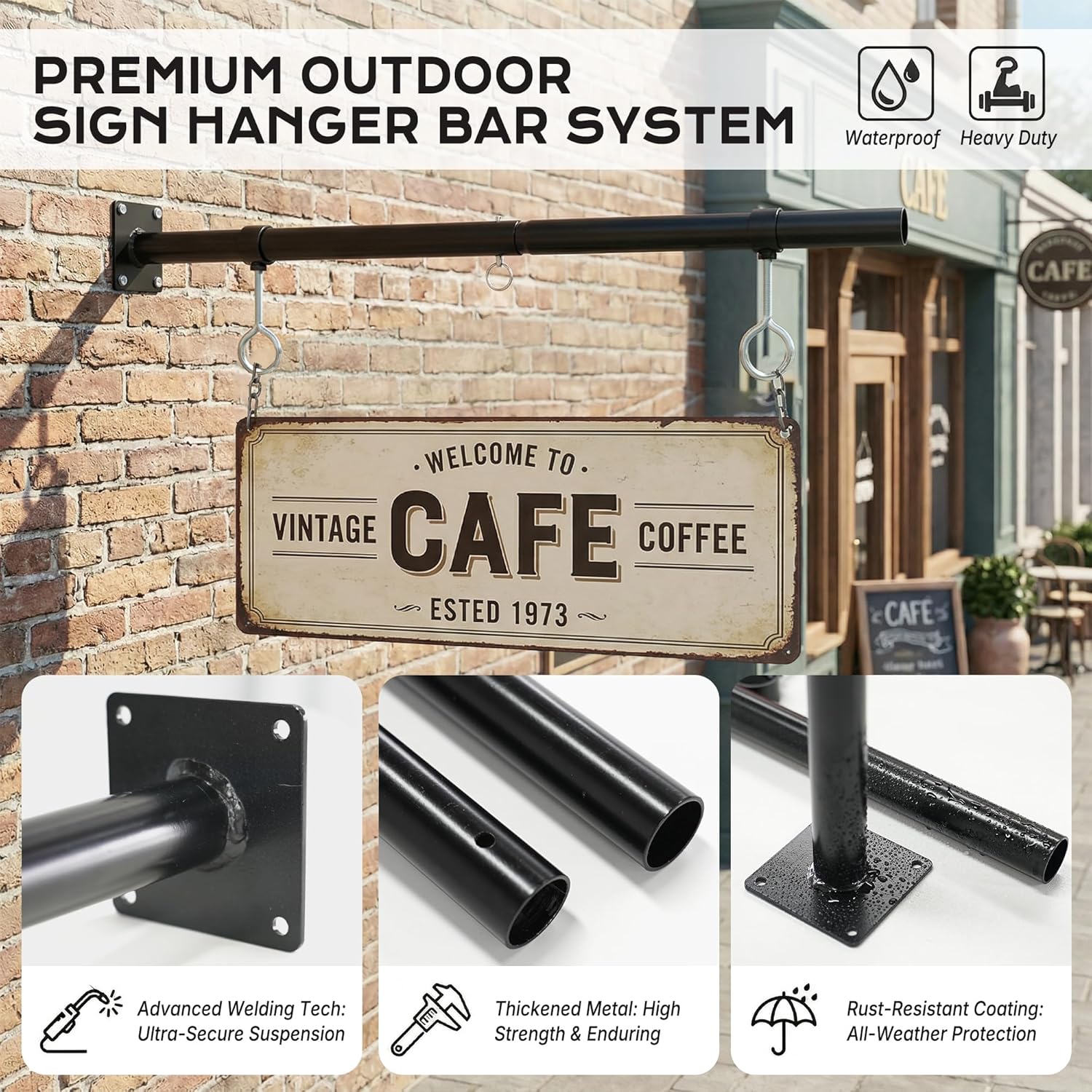 Heavy Duty Hanging Sign Brackets Outside 24" Hanging Sign Holder with 2 Adjustable Rings, Powder Coated Metal Outdoor Sign Holder for Street, House, Porch, Garden