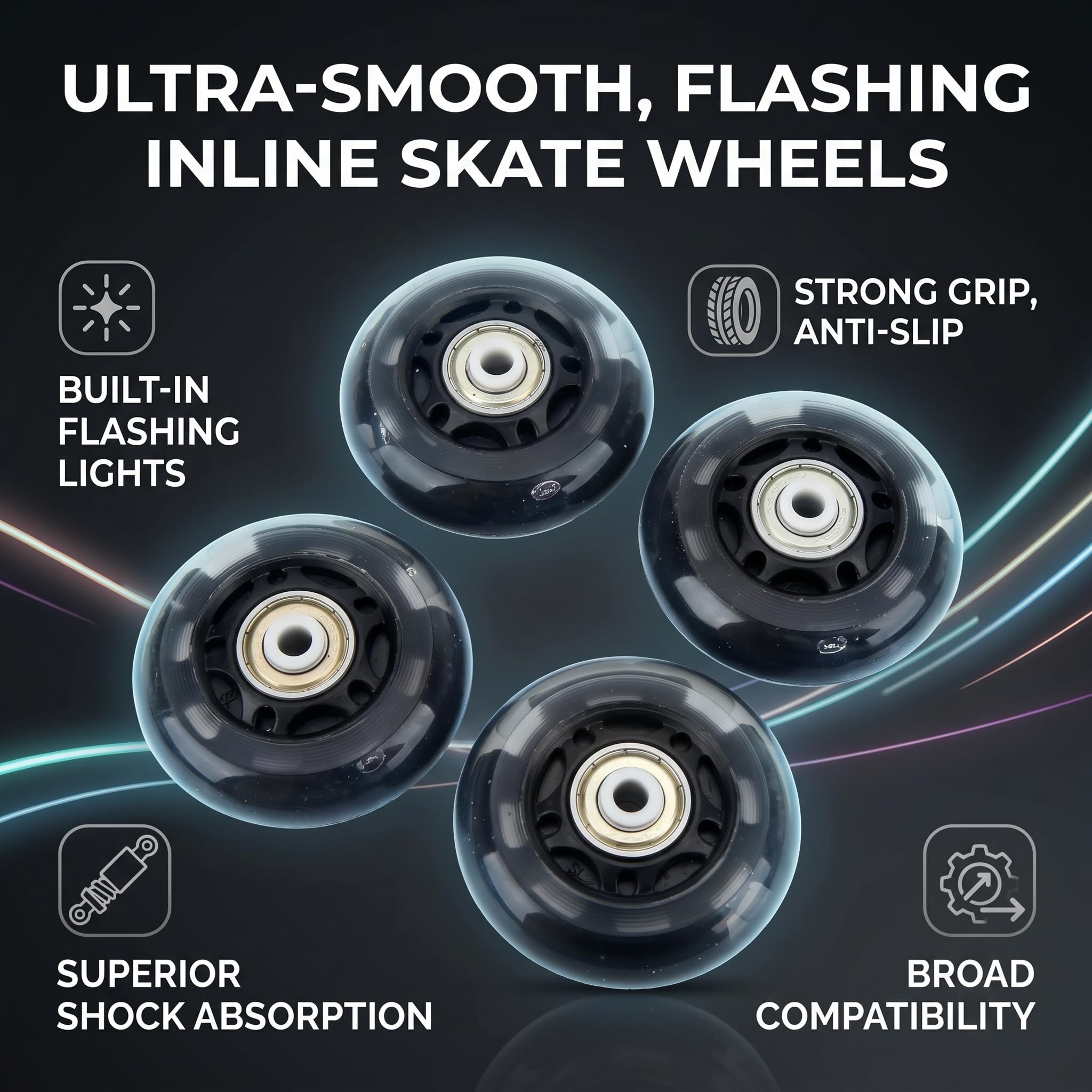 Wakects Ruote per Pattini a Rotelle, Confezione da 4 Ruote in Gomma PU da 63 Mm con Luci a LED per Pattinaggio Notturno, Presa Forte, Assorbimento degli Urti, Ultra Silenziose, Adatte