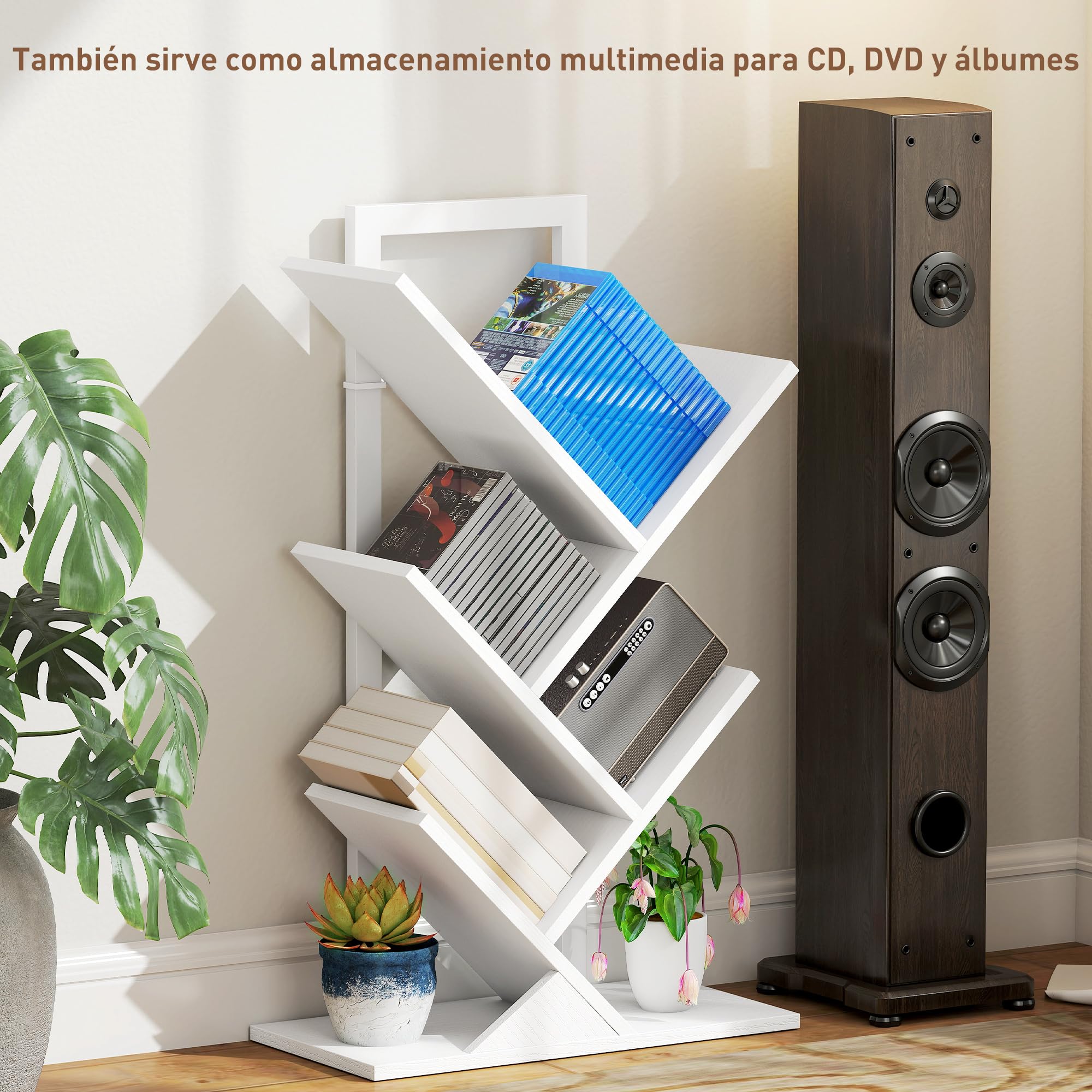 HOMCOM Librería en Forma de Árbol de 5 Niveles, Estantería de Libros con 5 Estantes, Estructura de Acero, para CD, DVD, Álbumes, Sala de Estar, Oficina, Estudio, Dormitorio, 50x24x82 cm, Blanco