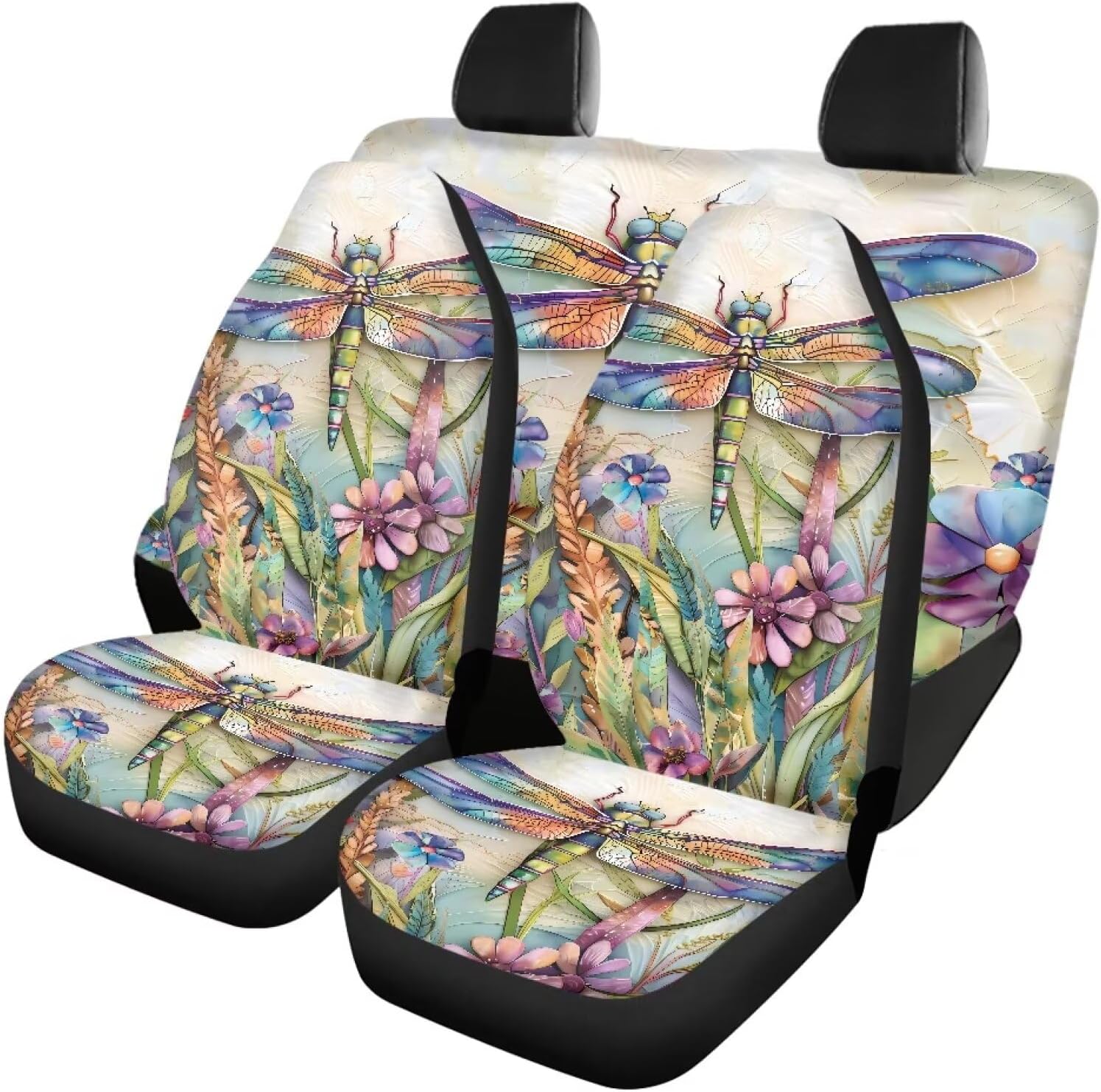 4 Pcs Dragonfly Flower Printed Car Front Rear Seat Cover, Breathable Car Seat Cover Full Set of 4, Anti-Slip Vehicle Seat Protector for Most Cars Truck Van Sedan SUV, Automotive Interior Accessories