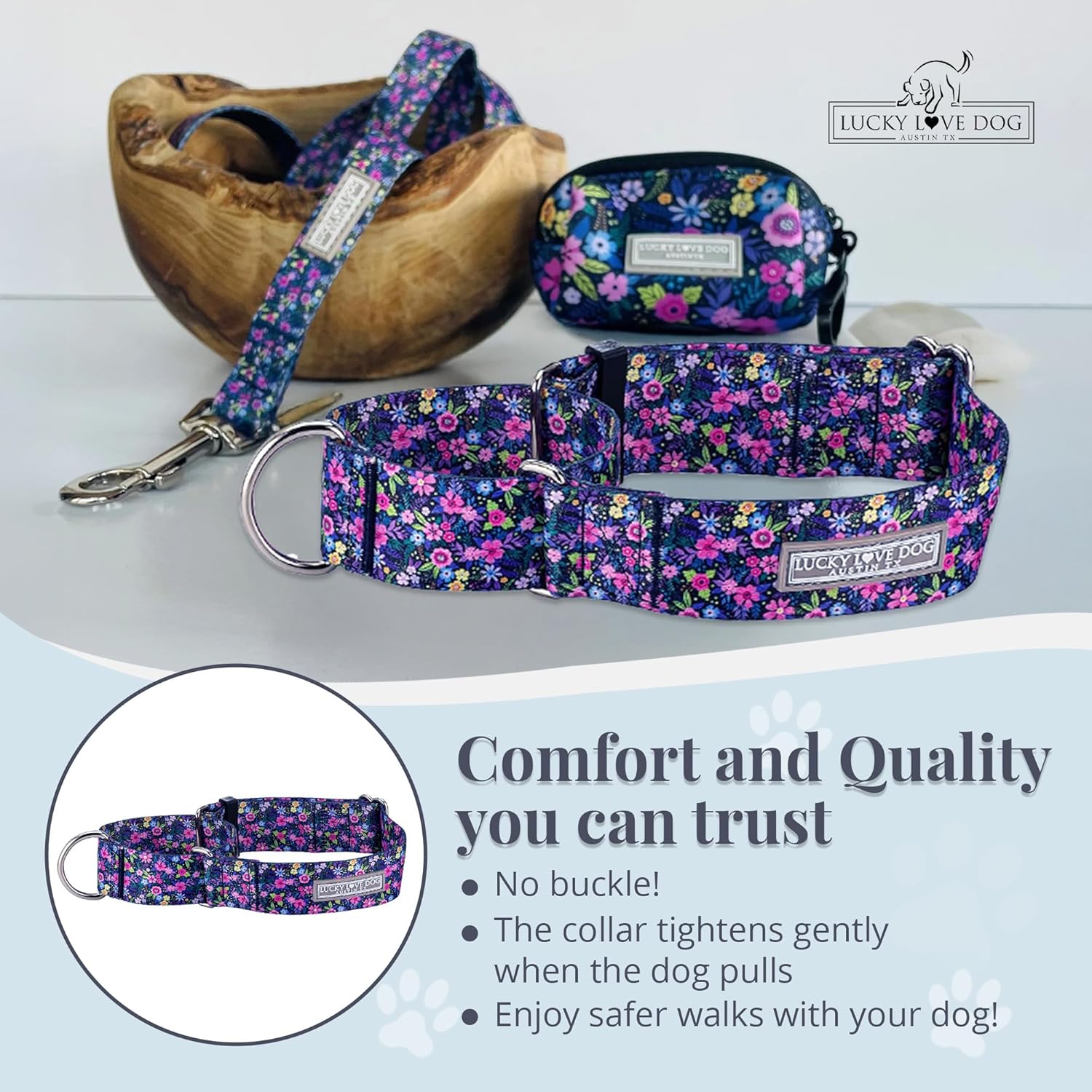 Lucky Love Dog Wide Dog Collar - Adjustable, Durable, Soft Webbing, & Comfortable 1.5 inch Wide Collar for Dogs Male and Female with Strong Buckle - Blackbird, X-Large