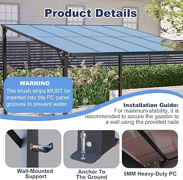 BIRCHTREE 3x3M, 10x10FT Lean To Pergola with Roof, Wall Mounted Aluminium Pergola Patio Cover, UV Resistant Metal Gazebo Outdoor Canopy for Garden, Deck & Backyard