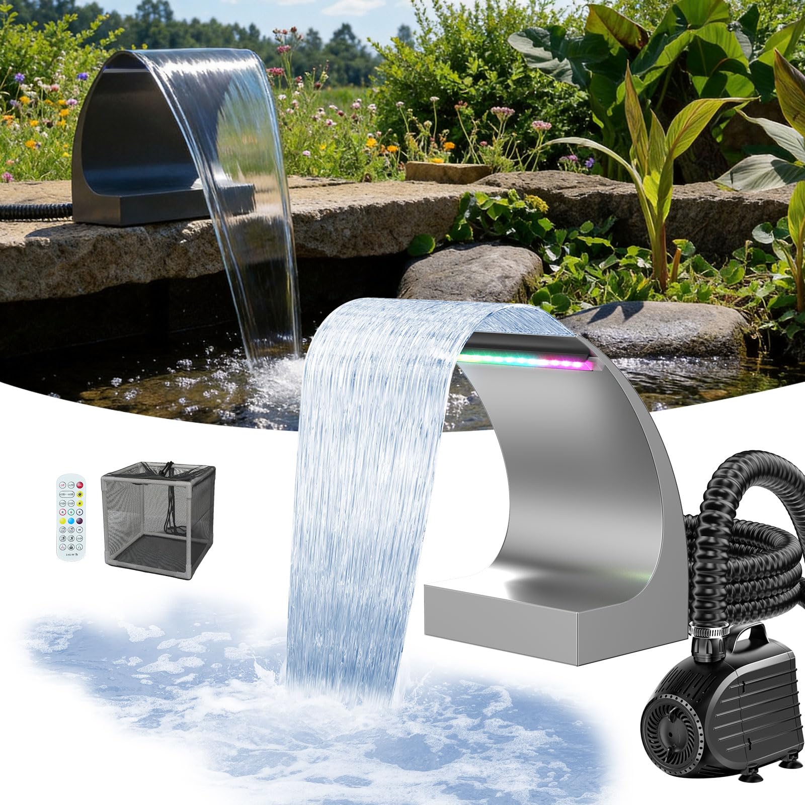 POPOSOAP Cascada de Estanque de 20 cm, Desagüe de Acero Inoxidable con Bomba 4500 L/h, Luces LED RGB Cambio de Color con Mando, Fuente Exterior para Jardín