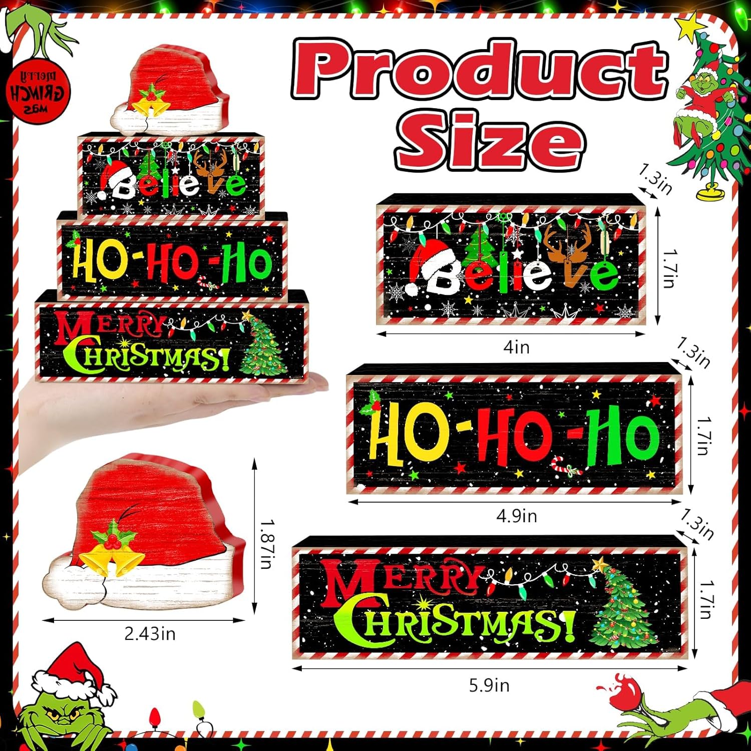 Britimes 4 Pcs Christmas Santa Hat Table Decor Christmas Tiered Tray Decorations Set Santa Hat Block Signs Gift Rustic Farmhouse Tabletop Decor for Table & Home Office