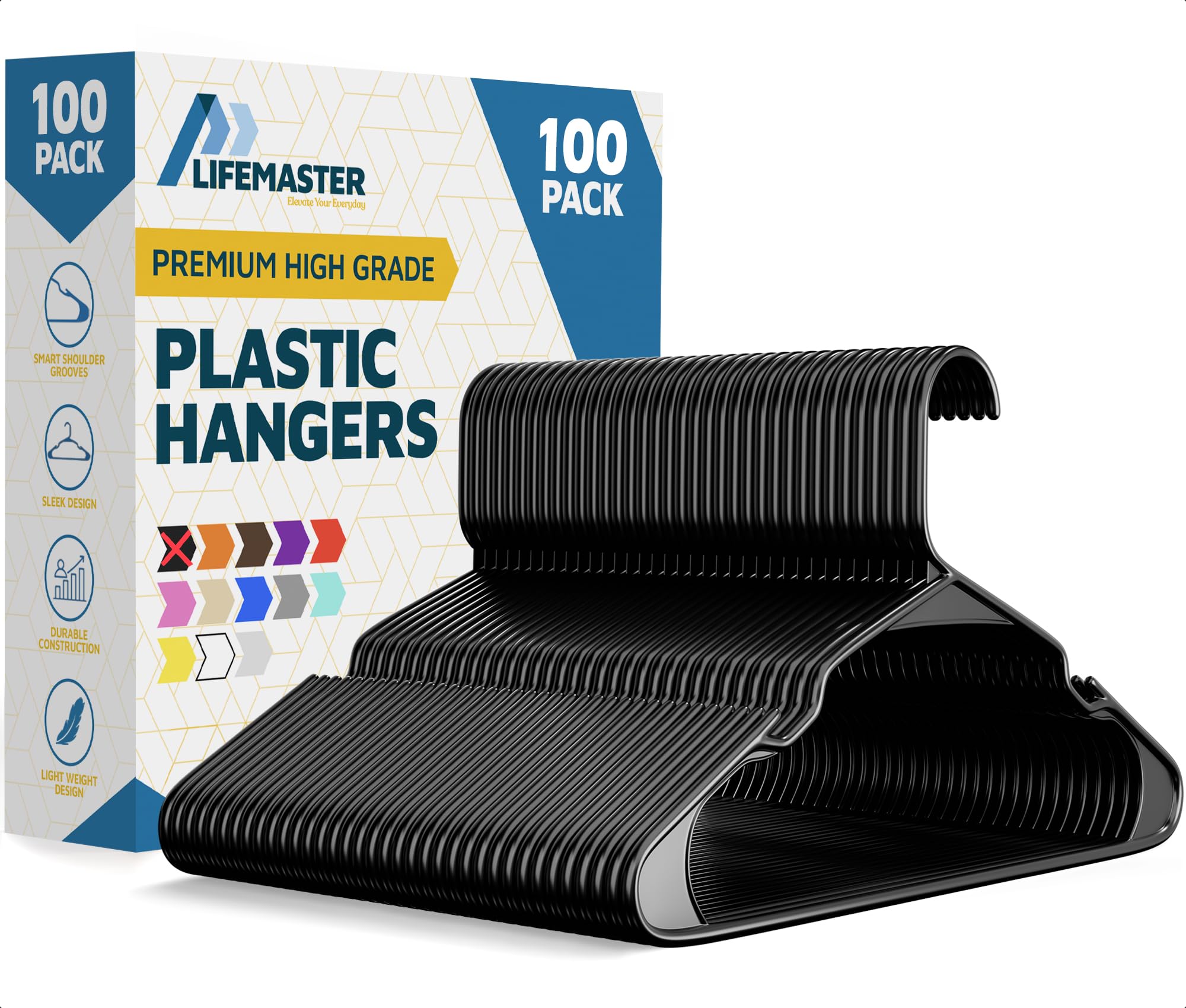 LifeMaster 100 Pcs. Black Plastic Clothes Hangers - Lightweight, Durable Coat Hanger Set with Smart Shoulder Grooves, Space-Saving Design, Non-Slip Feature - Keep Closet Organized