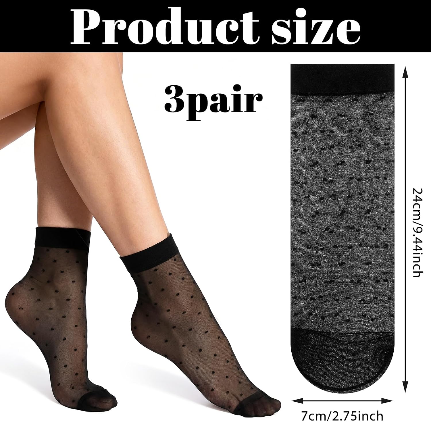 3 Pairs Women Sheer Ankle Socks, Black Polka Dot Short Stockings with Dots Patterns, Nylon Mesh Lace Breathable See Through Reinforced Toe Dress Socks for Summer Casual Elegant Wear