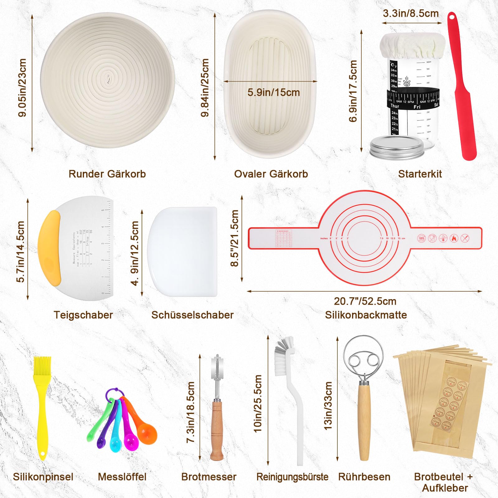 SHANNA GäRköRbchen, GäRkorb 15 Teilig, Sauerteig Starter Set, Brot Backen, GäRköRbchen Oval und Runde, Brot Backen ZubehöR, sauerteig set FüR Professionelle und HäUsliche BäCker