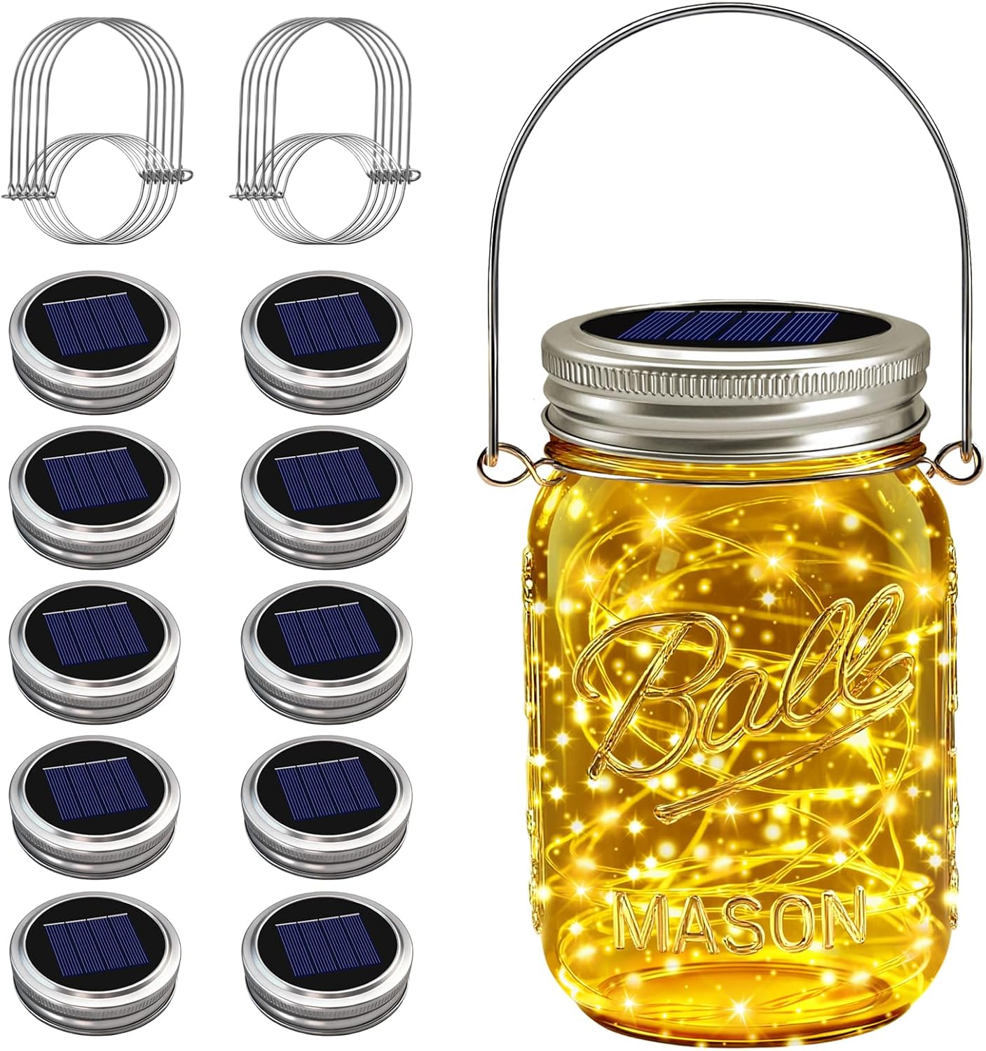 VOOKRY Solar Mason Jar Lights - 10 Pack 30 LED Waterproof Outdoor Fairy Firefly Jar Lids String Lights with Hangers (No Jars) for Mason Jars Patio Garden Yard Party Wedding Decoration(Warm White)