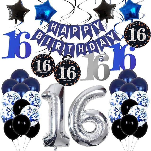 16th Birthday Decorations Navy Blue for Boys Mens Girls, Party Decorations with Swirl Decoration 18th Happy Birthday Banner and Star Foil Balloons Confetii Latex Blue Balloons for Party Supplies (16)