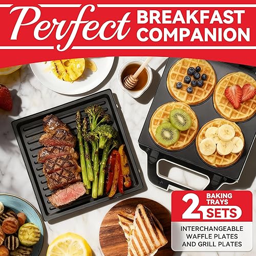 Miniatura 3 de Máquina de gofres 2 en 1 con platos extraíbles, waflera clásica de 4 x 4 pulgadas para niños, platos de parrilla desmontables para el desayuno,