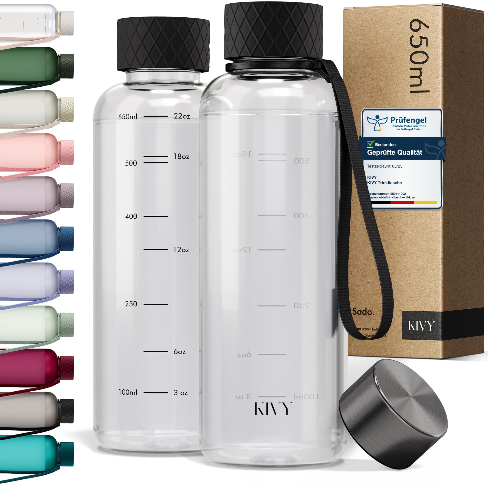 KIVY Trinkflasche 650ml [BPA FREI] Auslaufsicher & Spülmaschinenfest - Wasserflasche für Kinder & Erwachsene - Water Bottle Small - Trinkflasche Klein - Tritan Flasche für Kohlensäure geeignet