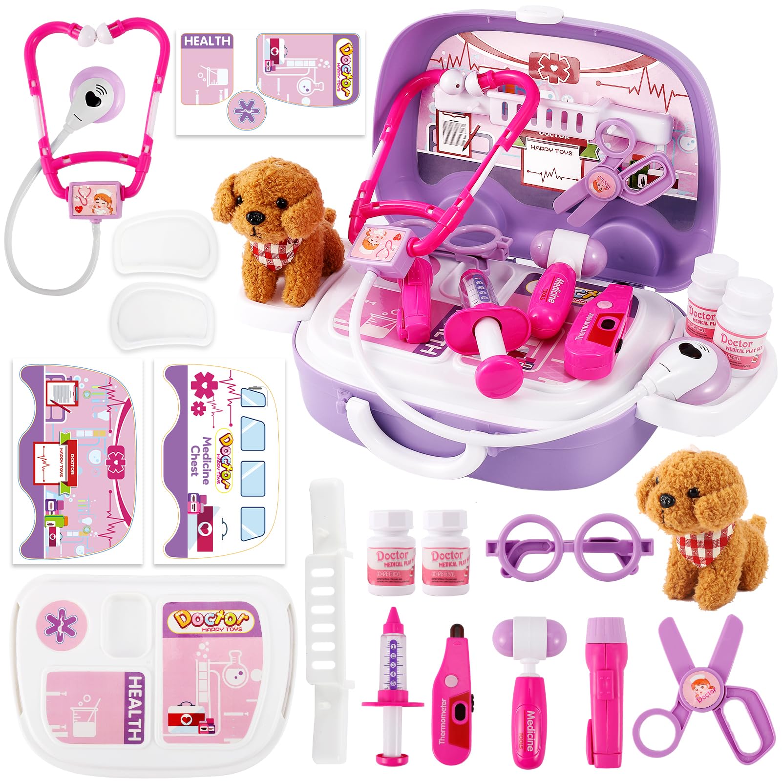 HYAKIDS Maletin Veterinaria Juguetes con Perritos, Maletin Medico Juguete, Juego de rol del Doctor, Kit Maletin Doctora Regalo para Niñas Niños 3 4 5 Años