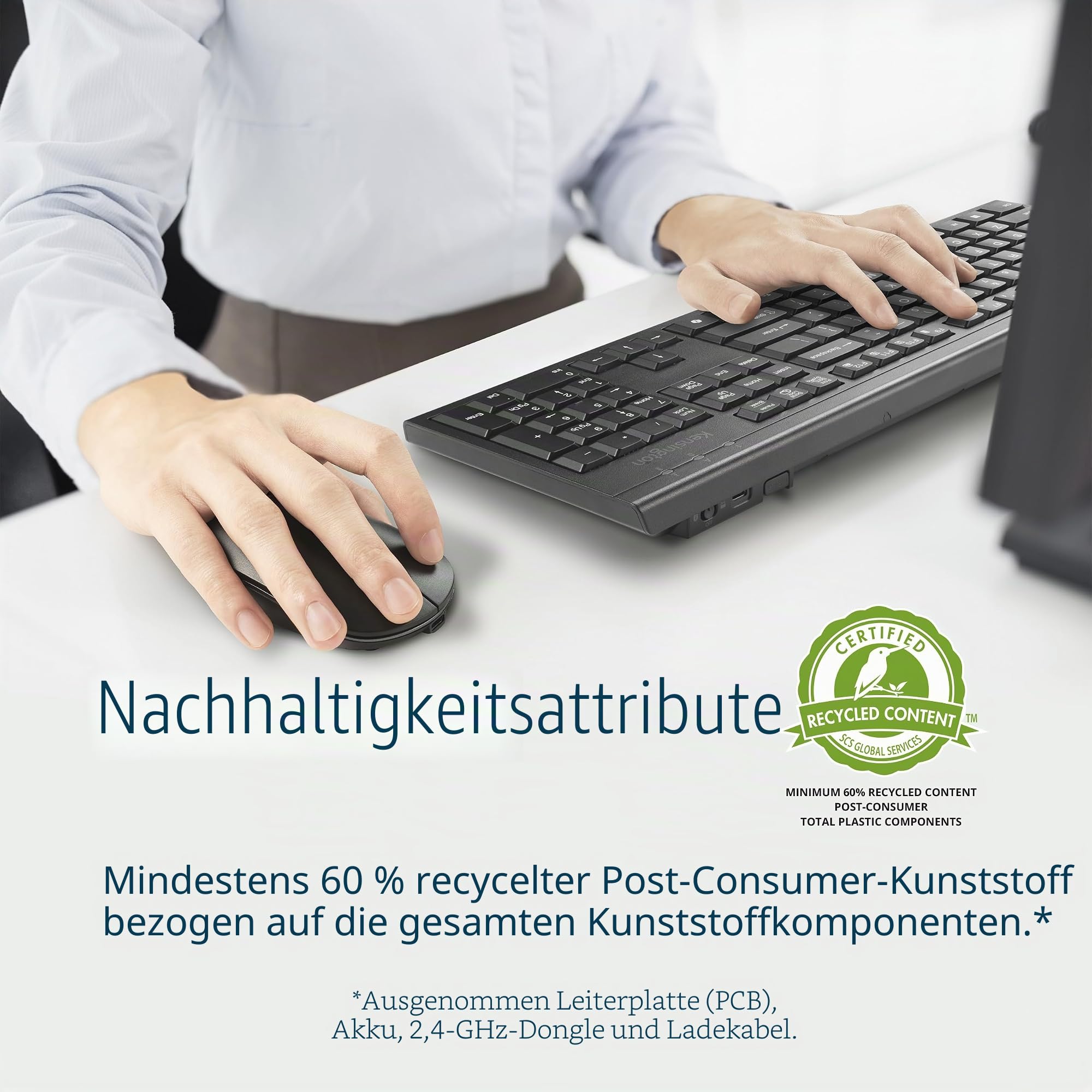 Kensington KM270 EQ Set Wiederaufladbare kabellose Full-Size Tastatur und beidhändige geräuschlose Maus für PC und Laptop, 2,4 GHz & BT 5.0, spritzwassergeschützt, QWERTZ ISO-Layout, Schwarz, K75560DE
