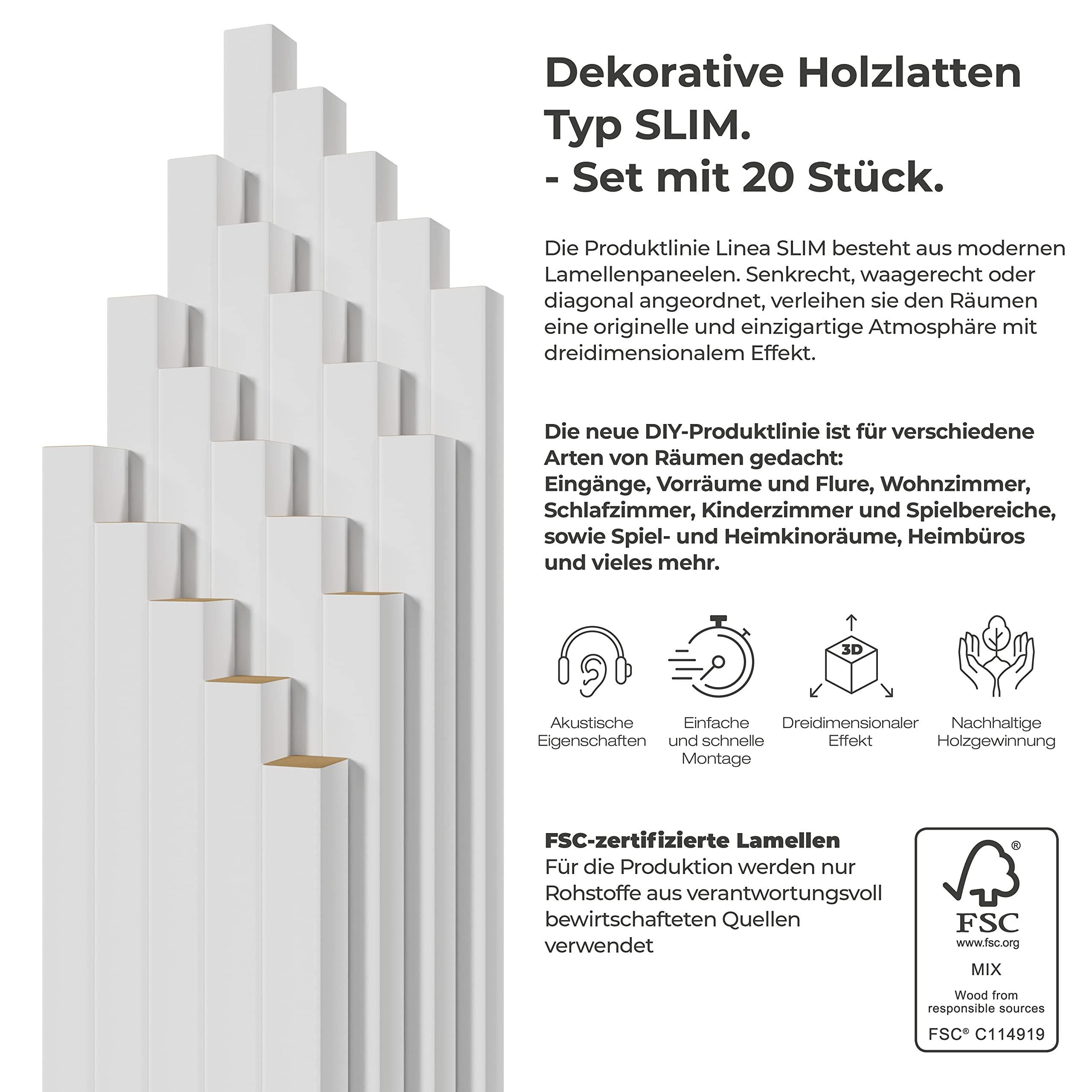 Stegu Linea Slim - Juego de 20 láminas de pared versátiles para mejorar la acústica, fáciles de ajustar, para viviendas y comercios, color blanco, 265 x 2,2 x 2,7 cm