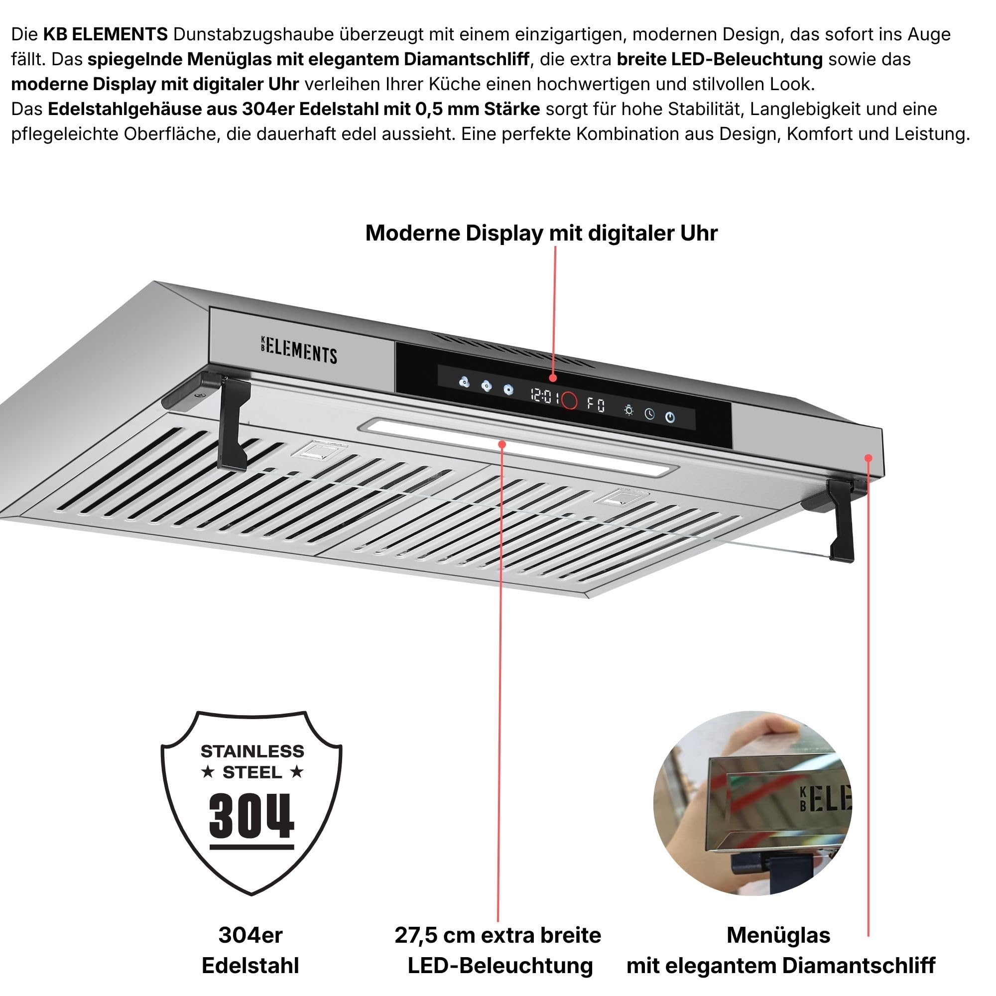 Dunstabzugshaube 60cm Unterbau Umluft Abluft 650m³/h Doppelter Motor Touch-Gestensteuerung Edelstahl