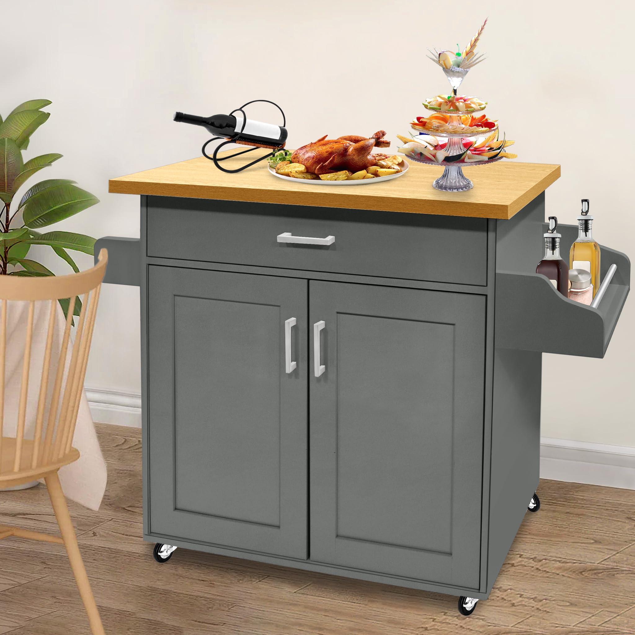 UISEBRT Carrello da cucina con piano di lavoro in legno, mobile da cucina su ruote con cassetto e ripiano, grigio