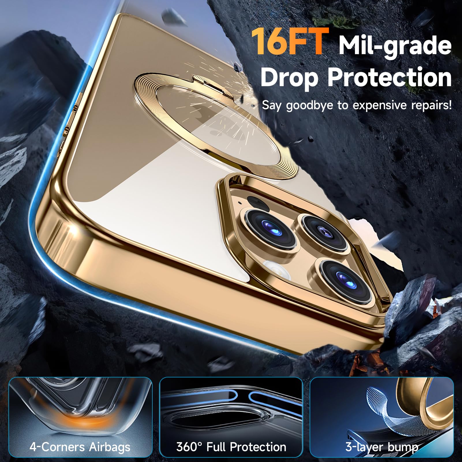 [Ochrona Tri-Shield] Etui do iPhone'a 13 Pro Max ze stojakiem obrotowym o 360° kompatybilne z MagSafe [magnetyczny pierścień CD] [osłona ekranu i obiektywu aparatu] odporne na wstrząsy, nigdy nie
