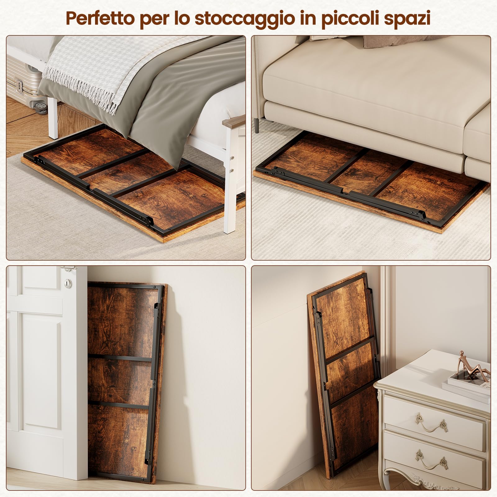 Tavolino Pieghevole, Tavolini da Salotto, con Fibbia per Gambe Fissa, 80 cm, Non Richiede Montaggio, Tavolo Basso in Legno Salvaspazio, Soggiorno, Camera da Letto, Marrone Vintage