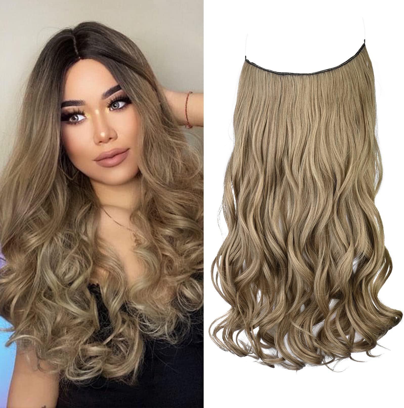 REECHOInvisible Wire Hair Extensions with Transparent Headband Adjustable Size Removable Secure Clips in Curly Wavy Secret Hairpiece for Women 20 Inch - Ash Brown