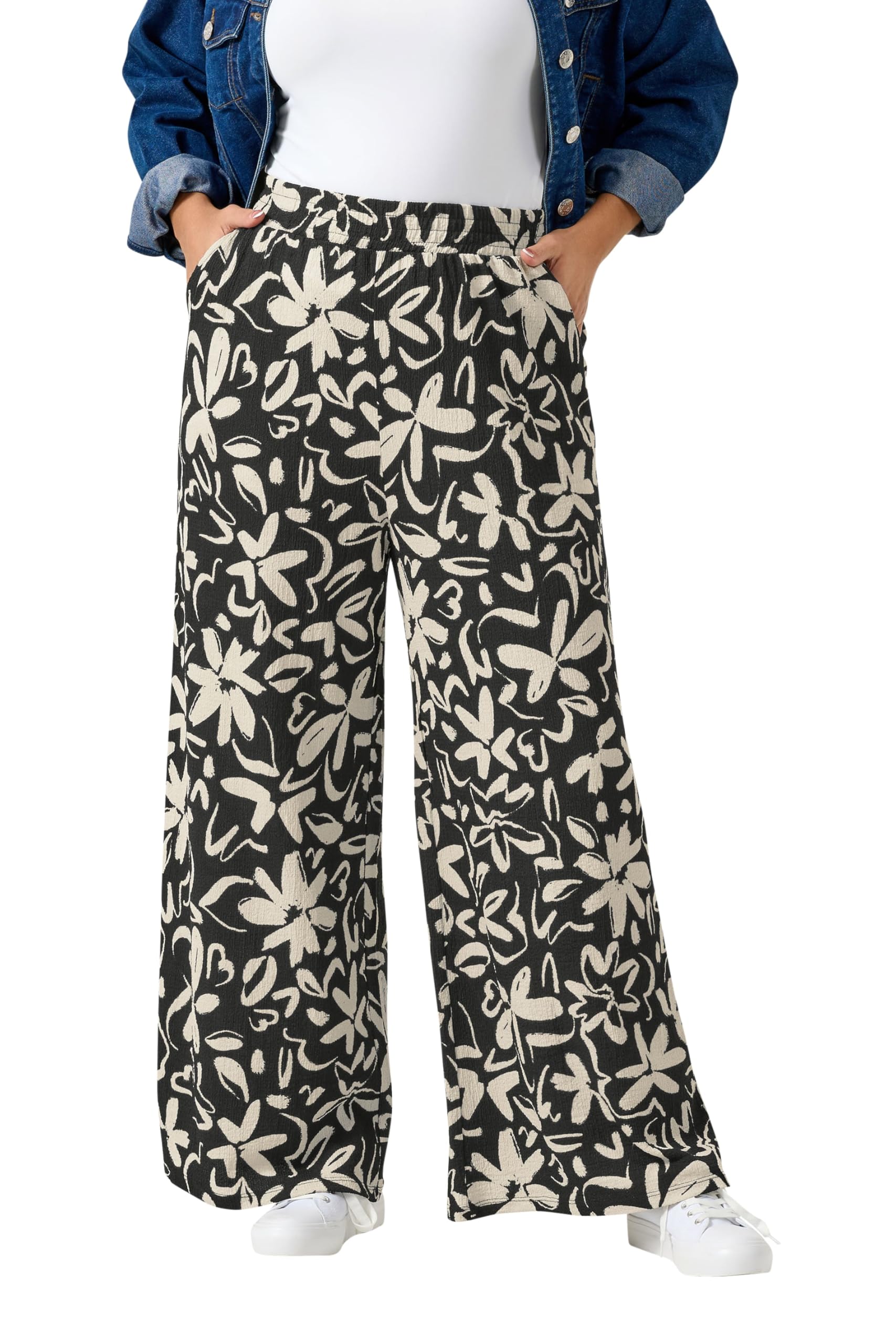 Yours Women's Black Floral Textured Trousers In | Size: 18S