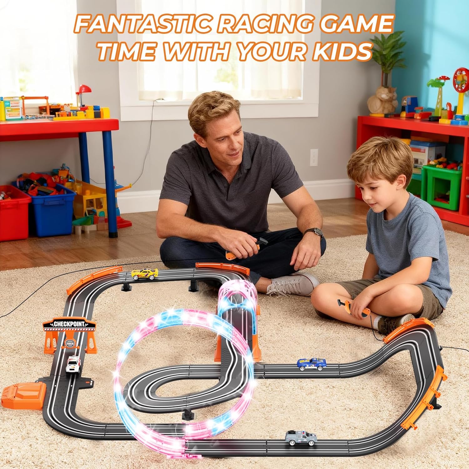 2-in-1 Slot Car Race Track Sets - Electric Race Car Track with 4 High-Speed Racing Cars, Dual Racing Game Lap Counter Circular Overpass Tracks, Remote Control Cars Toys/Gift for Boys Kids Ages 8-12