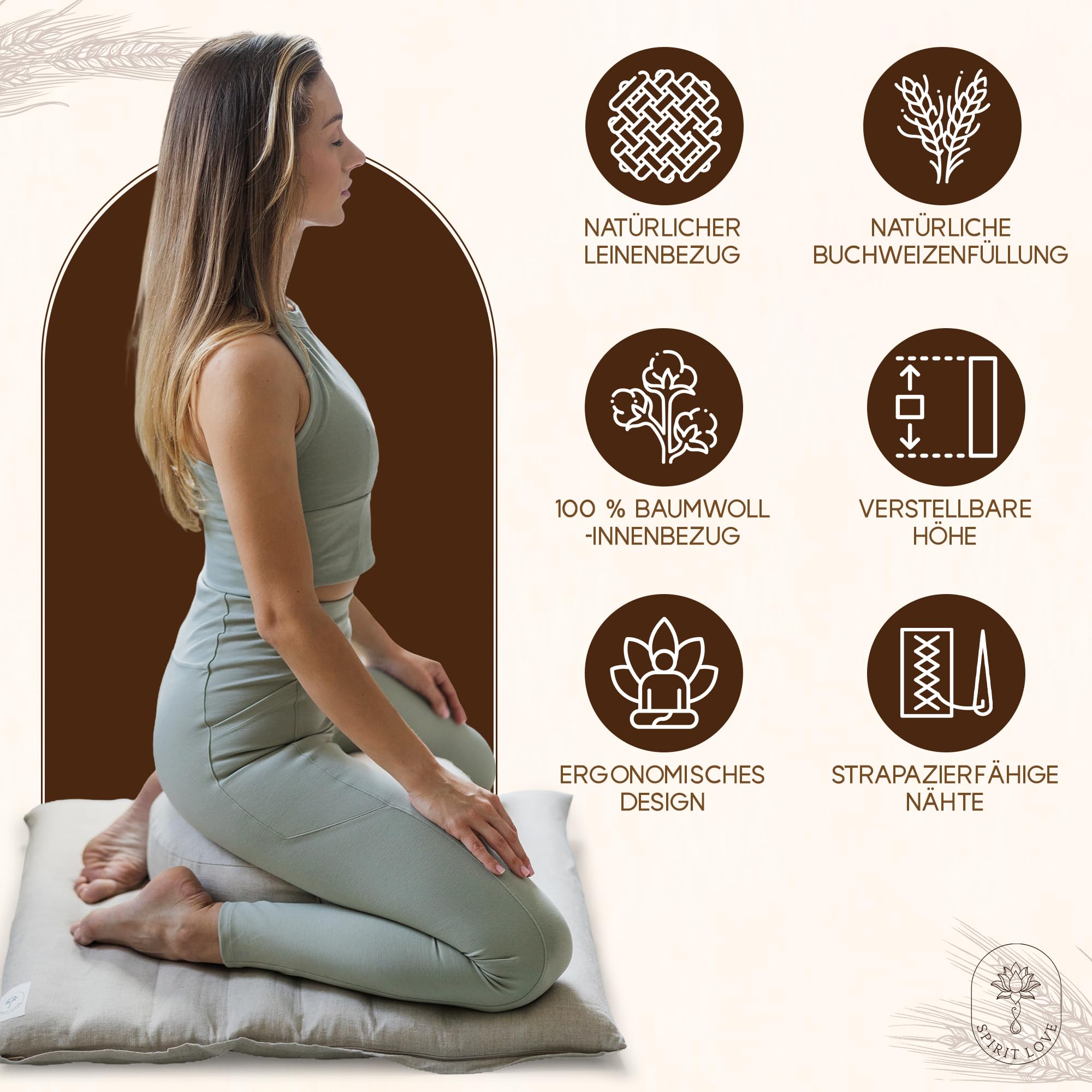 Spirit Love Leinen Yogakissen mit Bio-Buchweizenschalen | Meditationskissen | Anpassbare Füllung mit waschbarem Bezug | Sitzkissen Perfekt für bequemes und sanftes Yoga | 100% Natürlich - M 35x13cm…