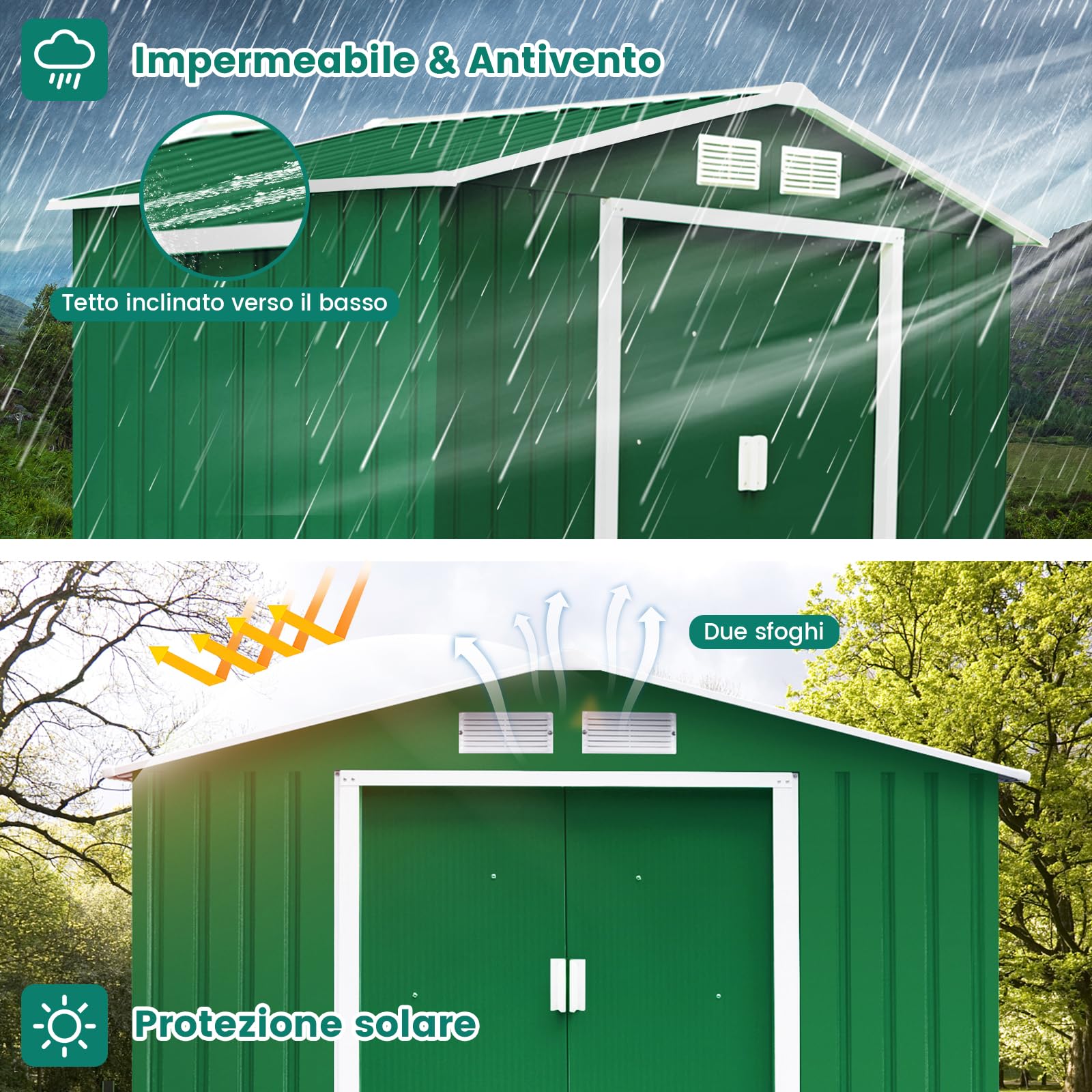 COSTWAY Casetta da Giardino 2,37㎡, Capanno da Esterno in Lamiera Zincata Resistente alle Intemperie con Base, Porte Scorrevoli, Maniglie, Sfoghi e Tettoia, 213 x 127 x 185 cm (Verde Scuro)