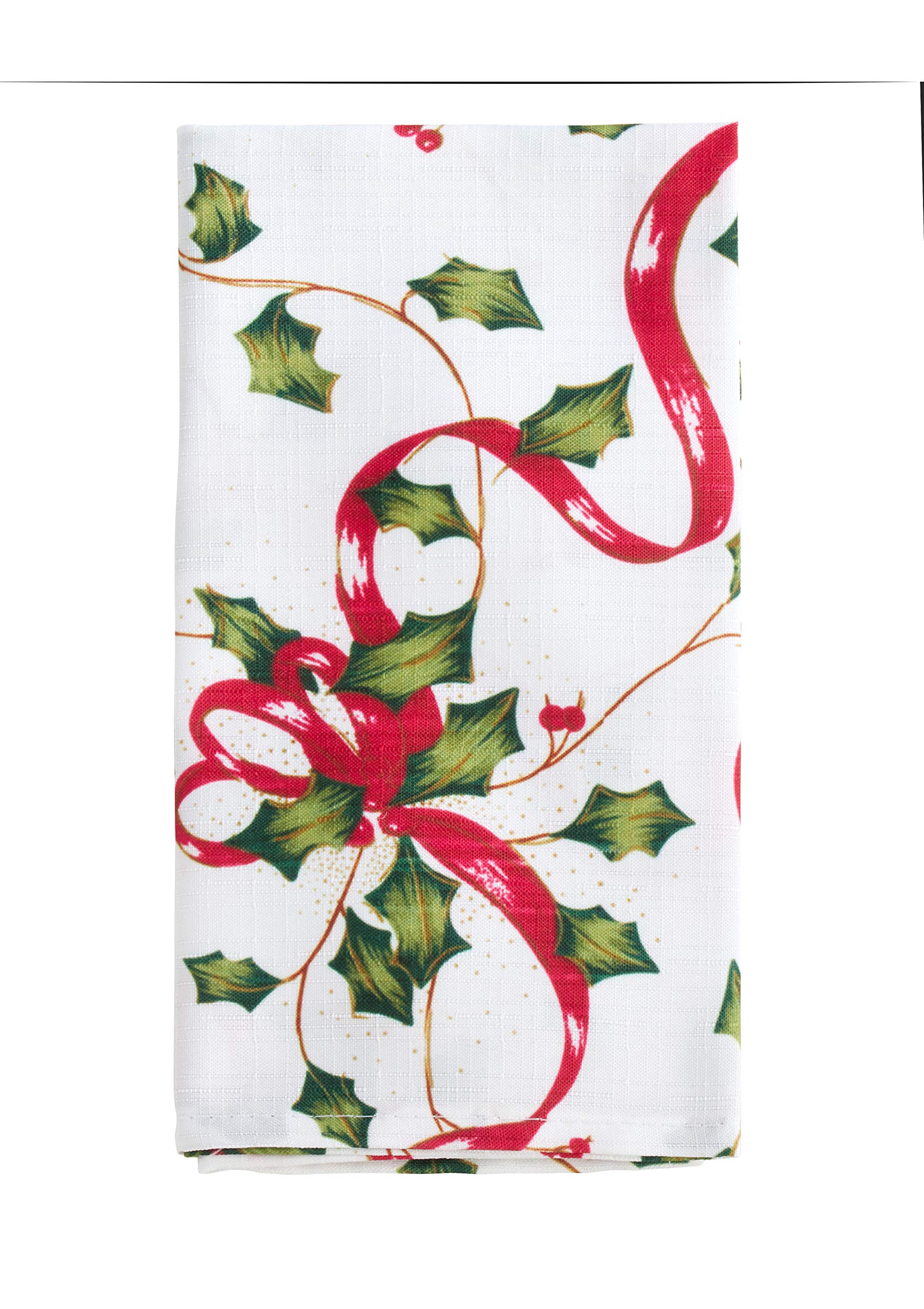 Fennco Styles Holiday Holly Collection Classic Holly Berry Ribbon 20 x 20 Inch Cloth Napkins, Set of 4 – Multicolor Dinner Napkins for Christmas Dinner, Family Gathering, Special Events and Home Décor
