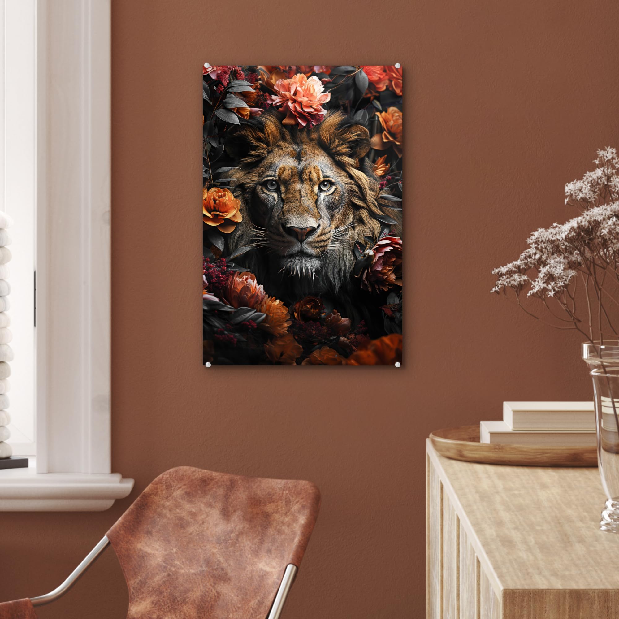MuchoWow© Quadri Moderni Soggiorno 40x60 cm Poster Da Parete Decorazione Muro Salotto Immagine Grande Foto Con Cornice Stampe Su Vetro Camera Letto Leone - Animale - Natura - Fiori - Botanico