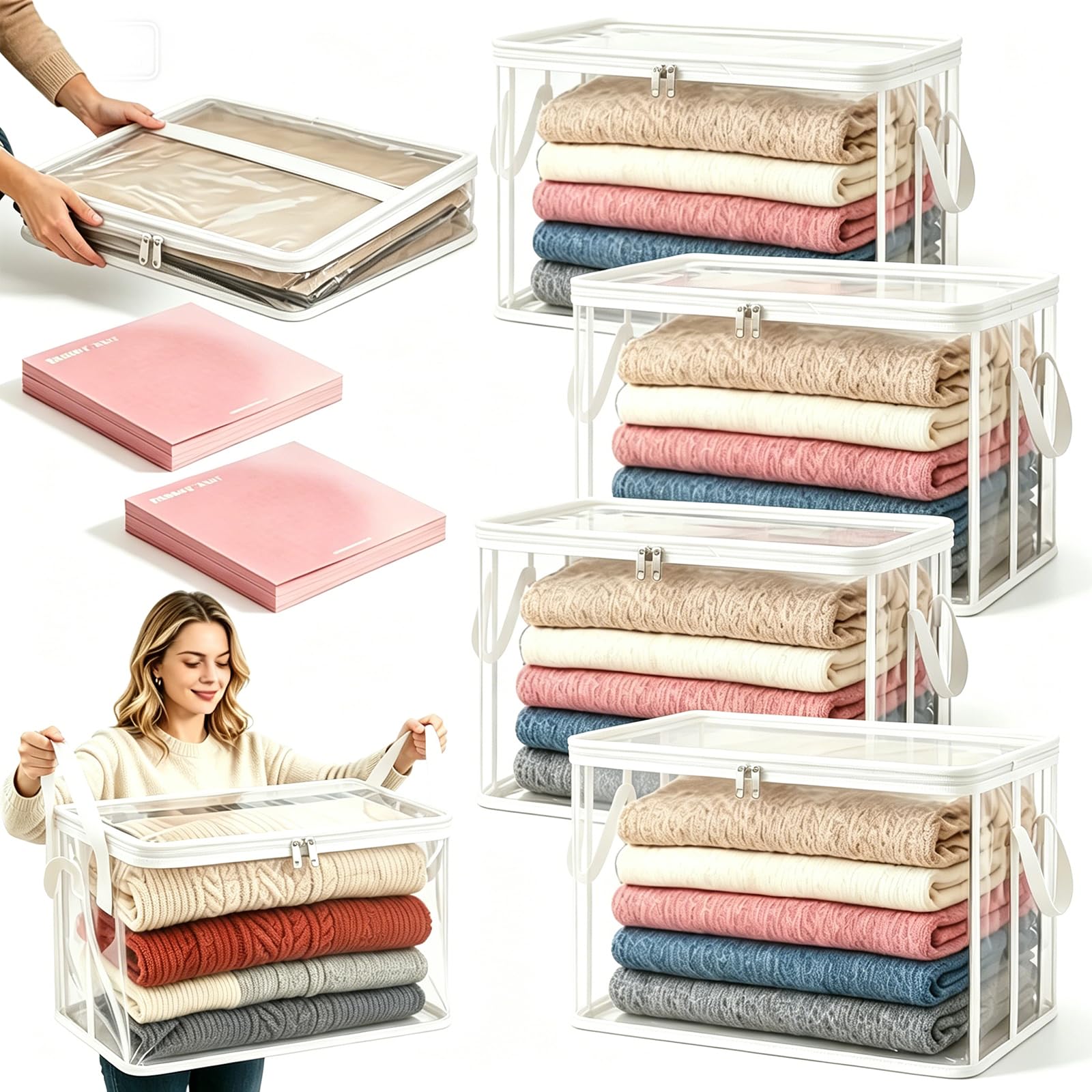 Large Heavy-Duty Thick Plastic Clear Storage Bag for Clothes, Moving & Storage, Clear Stackable Storage Bins with Reinforced Handles & Zipper, Packing Boxes for College Moving, Books, Blankets (A2,4)