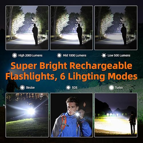 Miniatura 3 de SuperFire Linternas recargables de alto lúmenes, 2000 lúmenes, linterna táctica de emergencia LED súper brillante, 5 modos de luz, linternas LED de