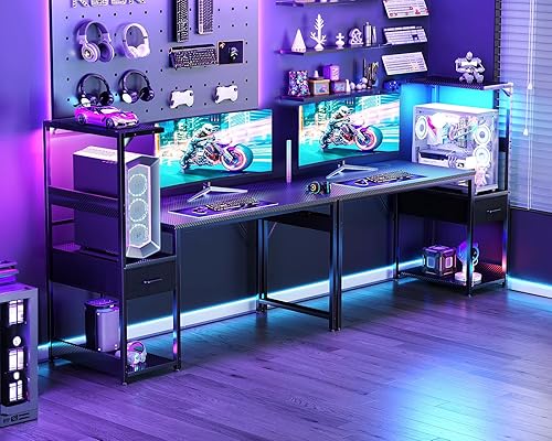 Miniatura 2 de Casaottima Escritorio para juegos de 48 pulgadas con almacenamiento y luces LED, escritorio reversible para computadora con estantes de exhibición y