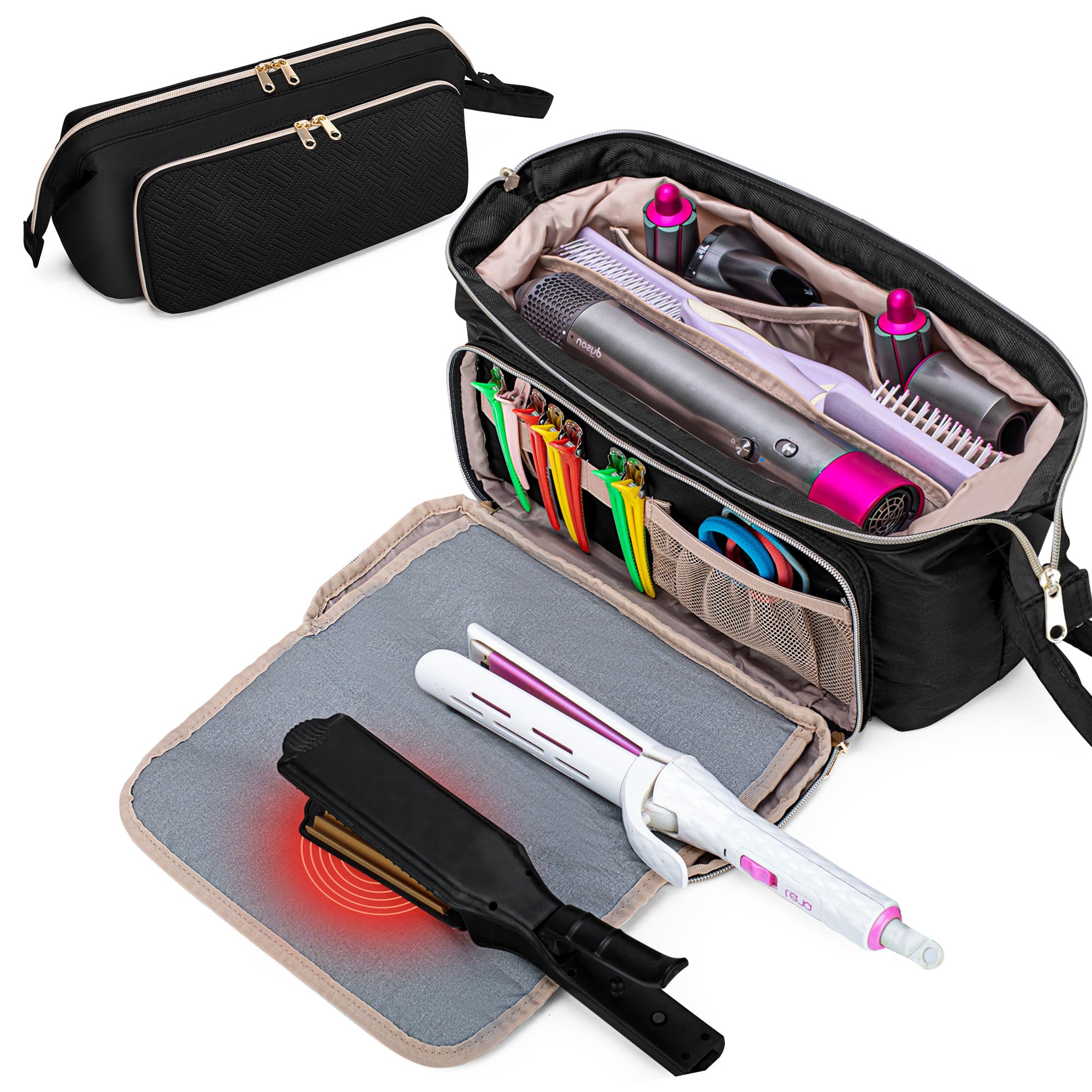 Fasrom Reisebeutel für Haartools mit Hitzebeständigem Matten für Glätteisen, Lockenstab und Haarglätter, 2-in-1 Aufbewahrungstasche für Haartrockner, Schwarz (Patentiertes Design)